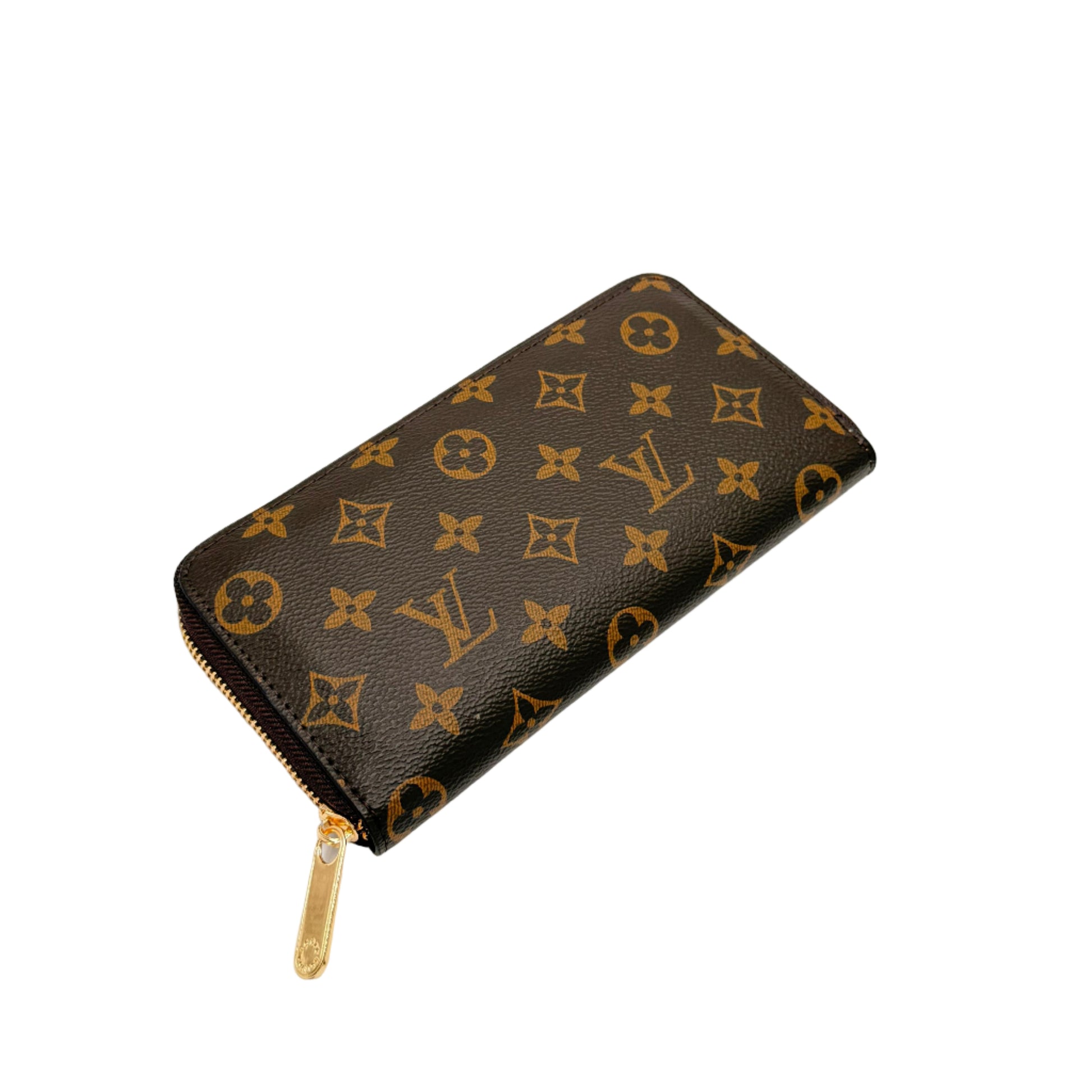 Louis Vuitton wallet with monogram pattern on a light gray background