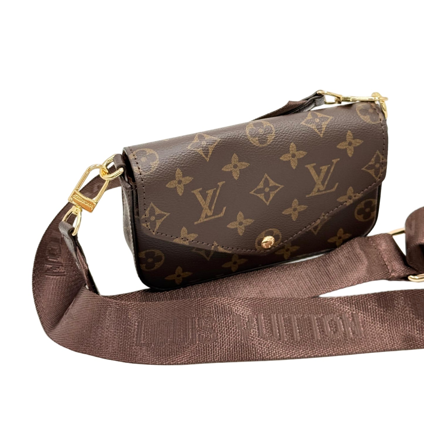 Brown Louis Vuitton bag with monogram pattern on a light gray background