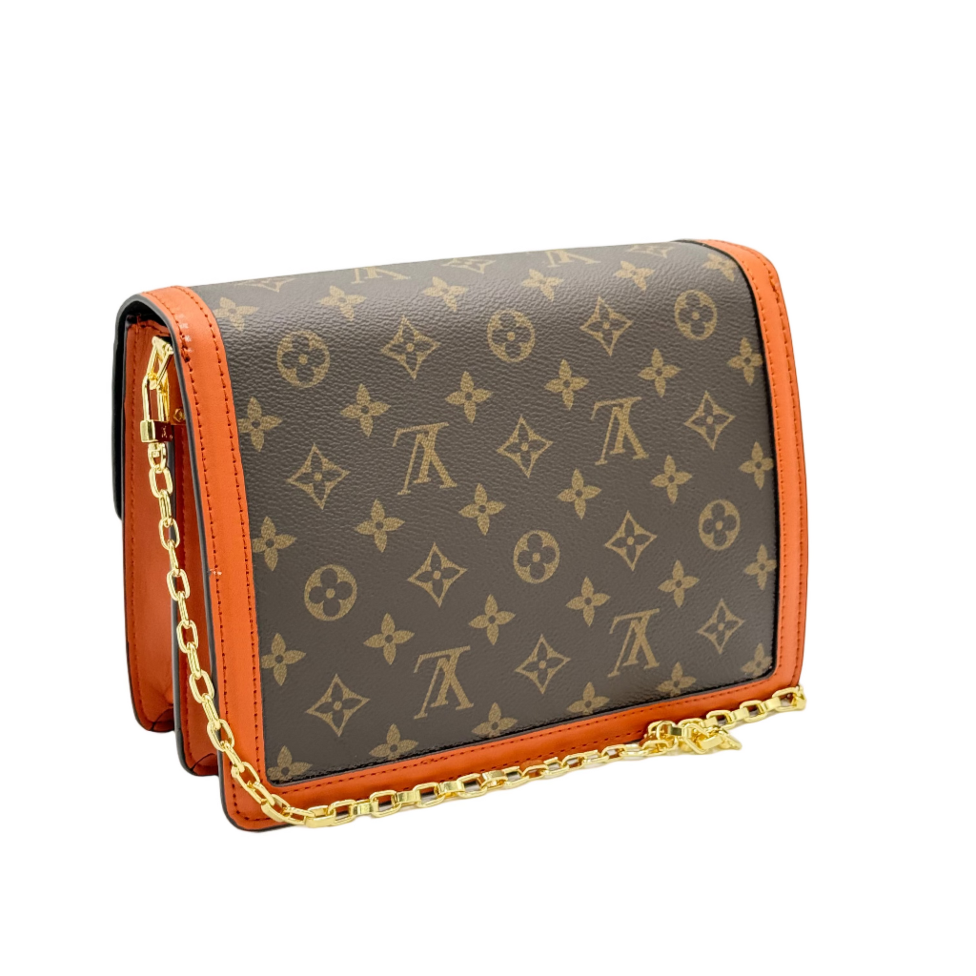 Designer handbag with monogram pattern and orange accents on a light gray background