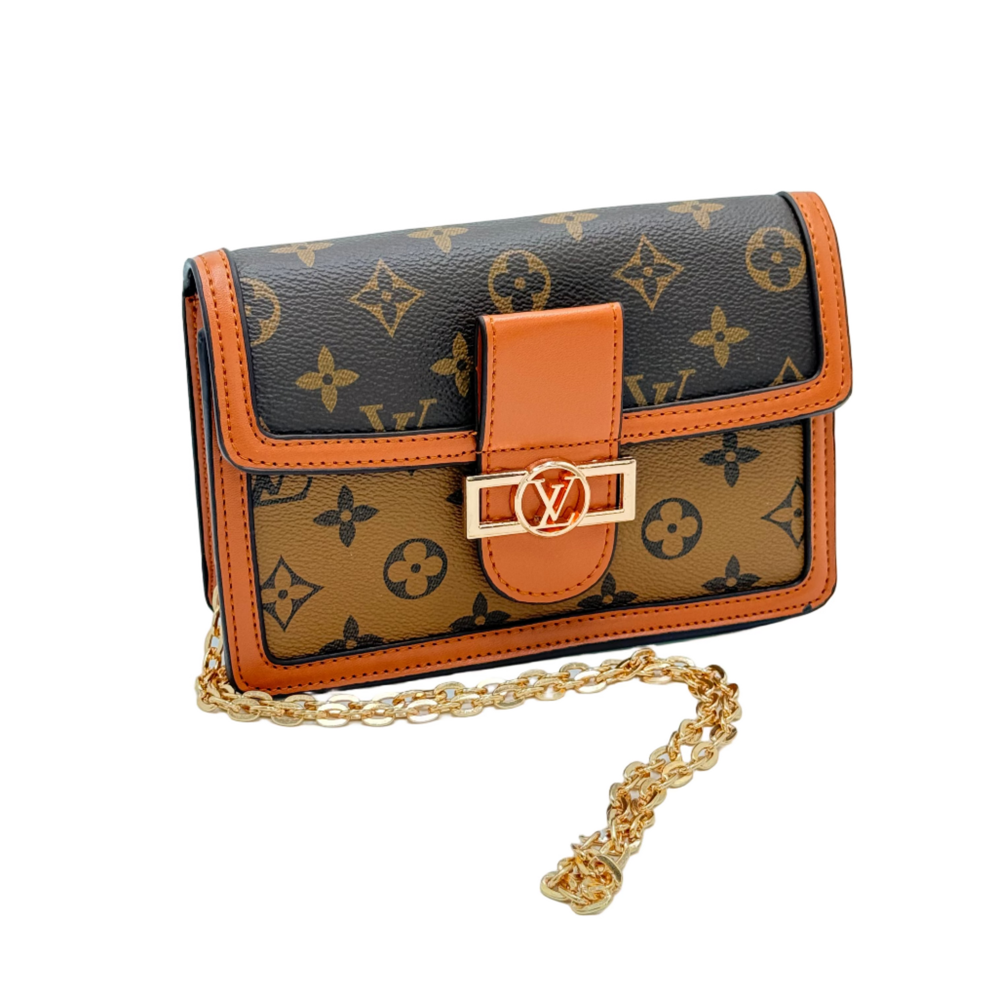 Designer handbag with monogram pattern and gold chain on a light blue background