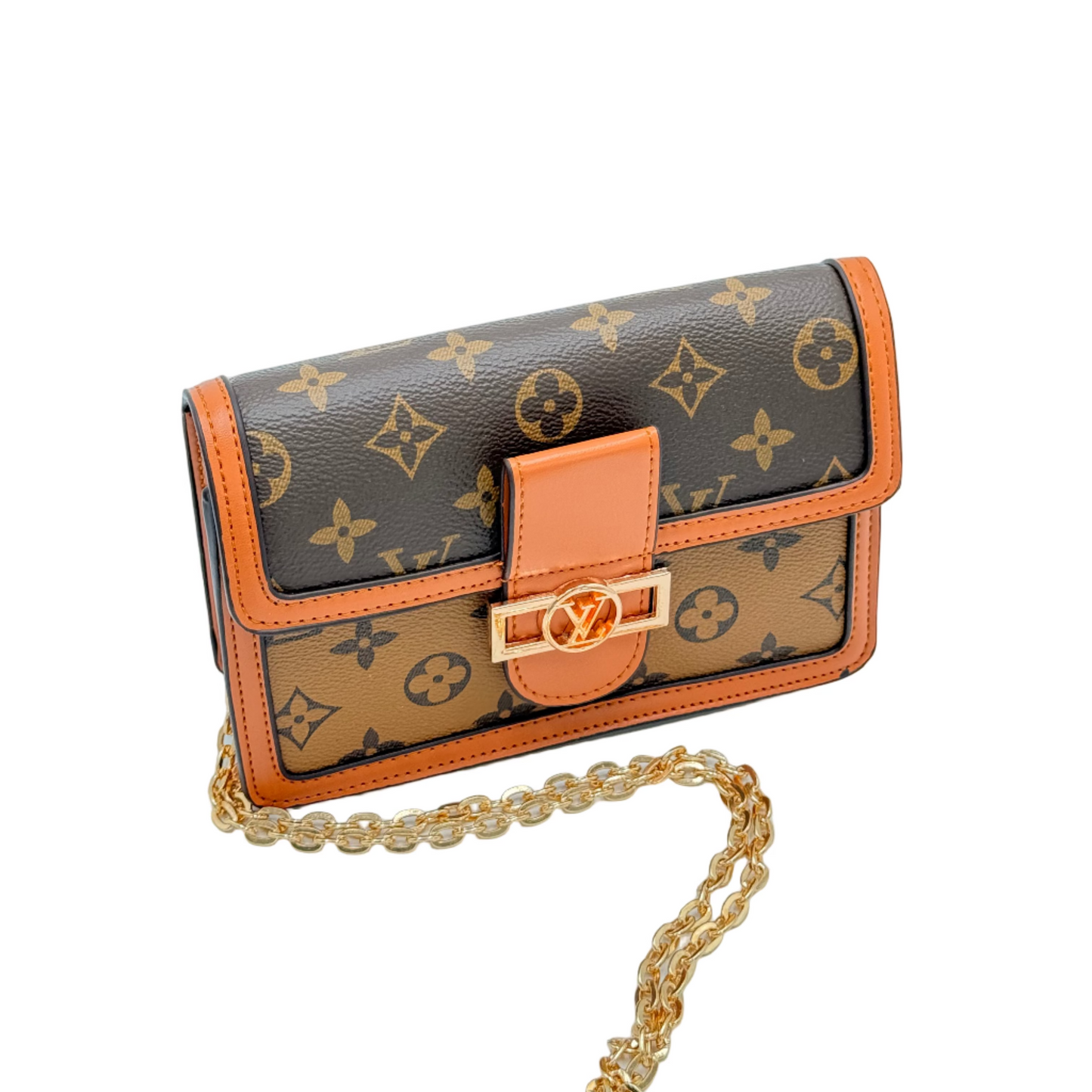 Designer handbag with monogram pattern on a light blue background