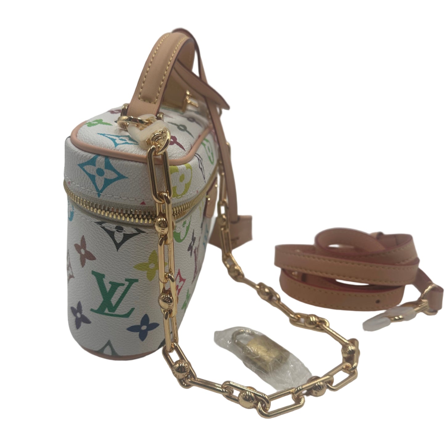 Designer handbag with multicolor monogram pattern and gold chain strap on a white background