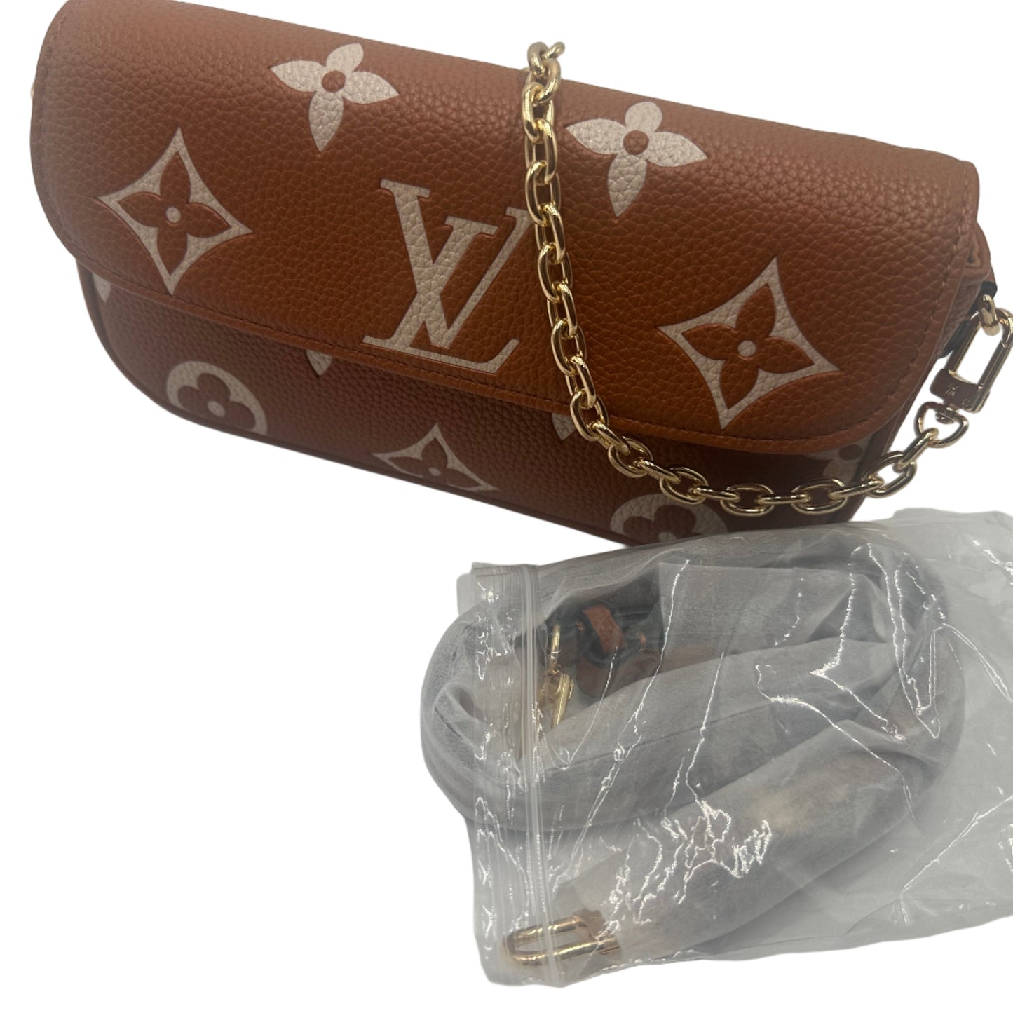Brown handbag with gold chain and clear plastic bag on a white background