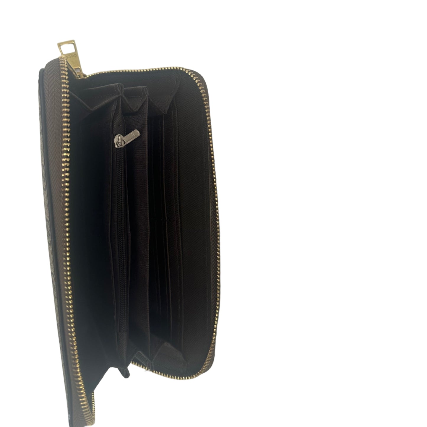 Black wallet with gold zipper on a white background