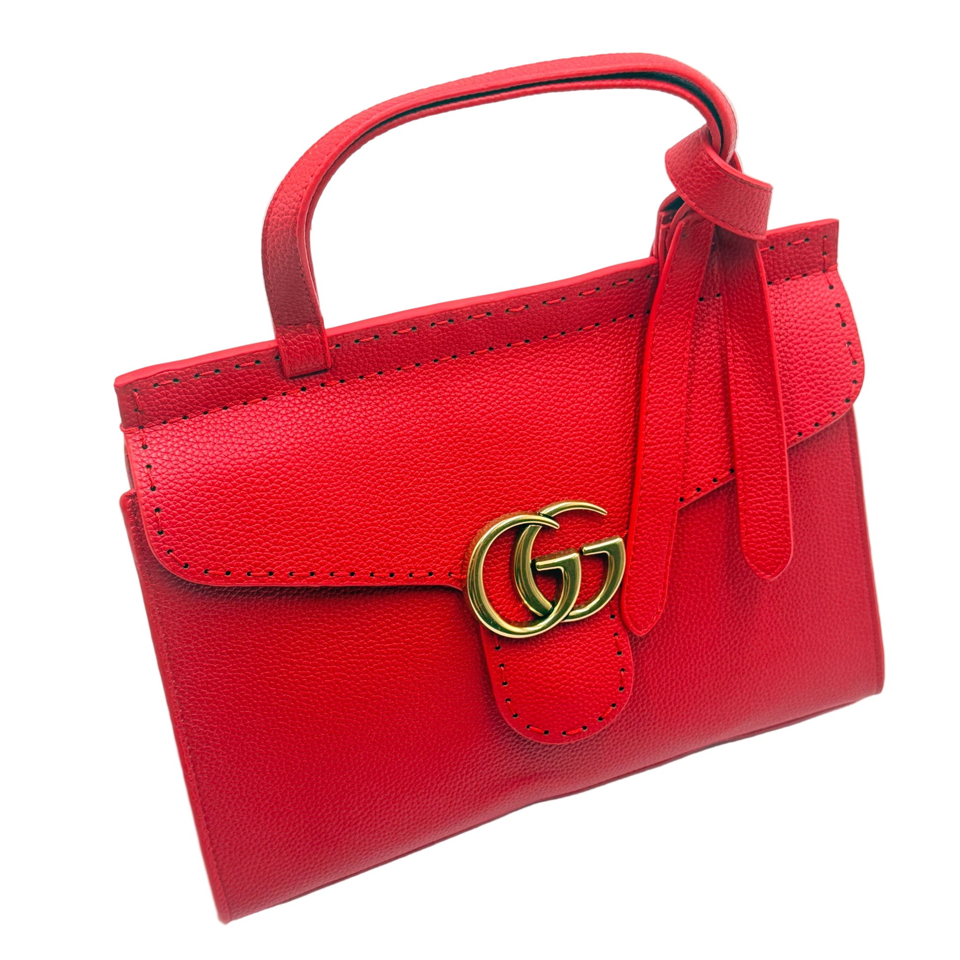 Red handbag with a gold clasp on a light gray background