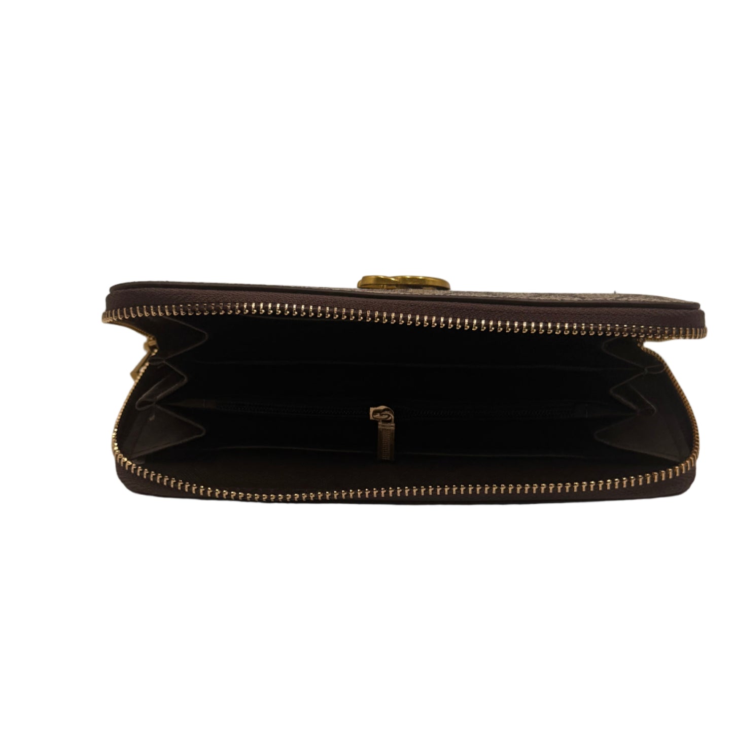 Black wallet with gold zipper on a light gray background