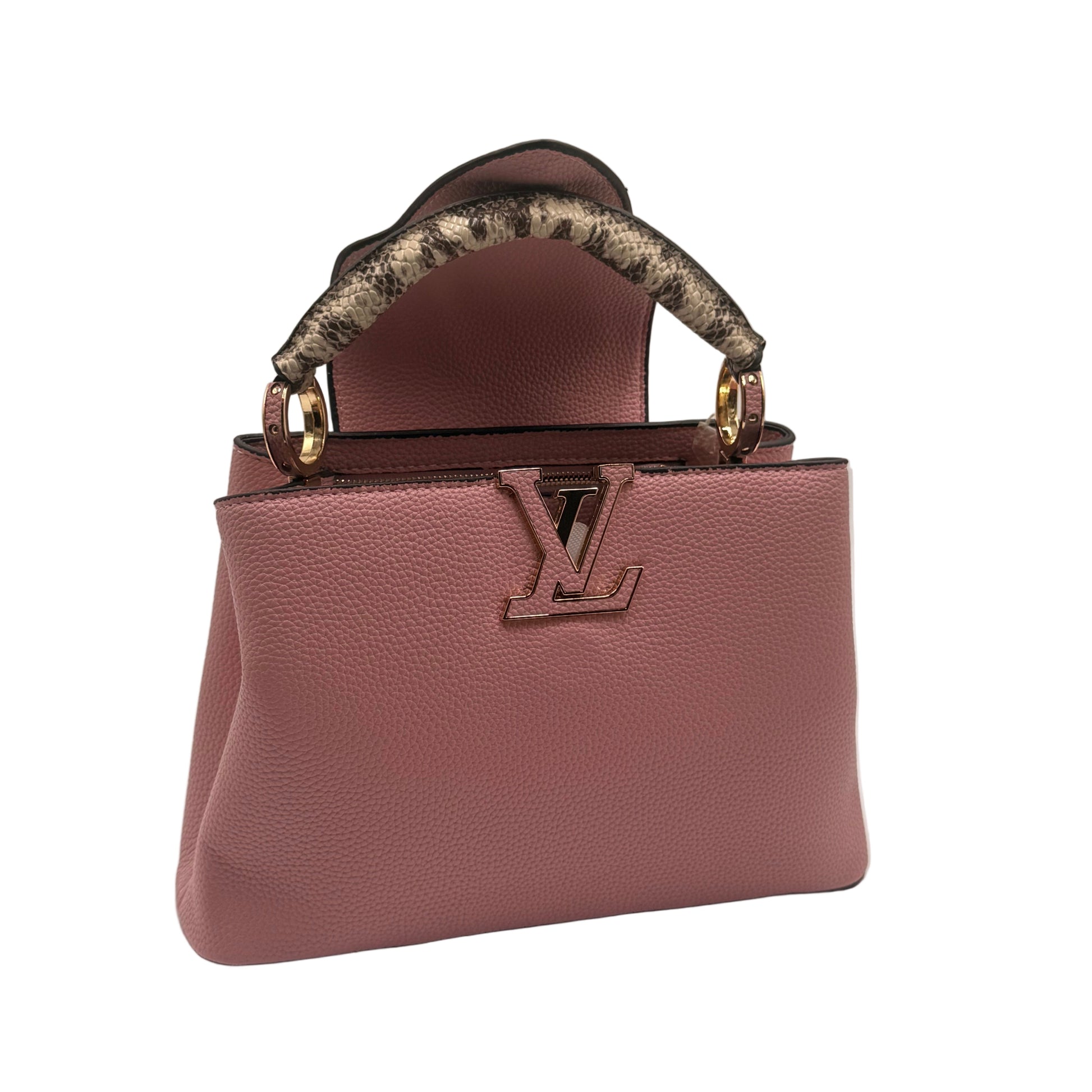 Pink handbag with a decorative handle on a light gray background