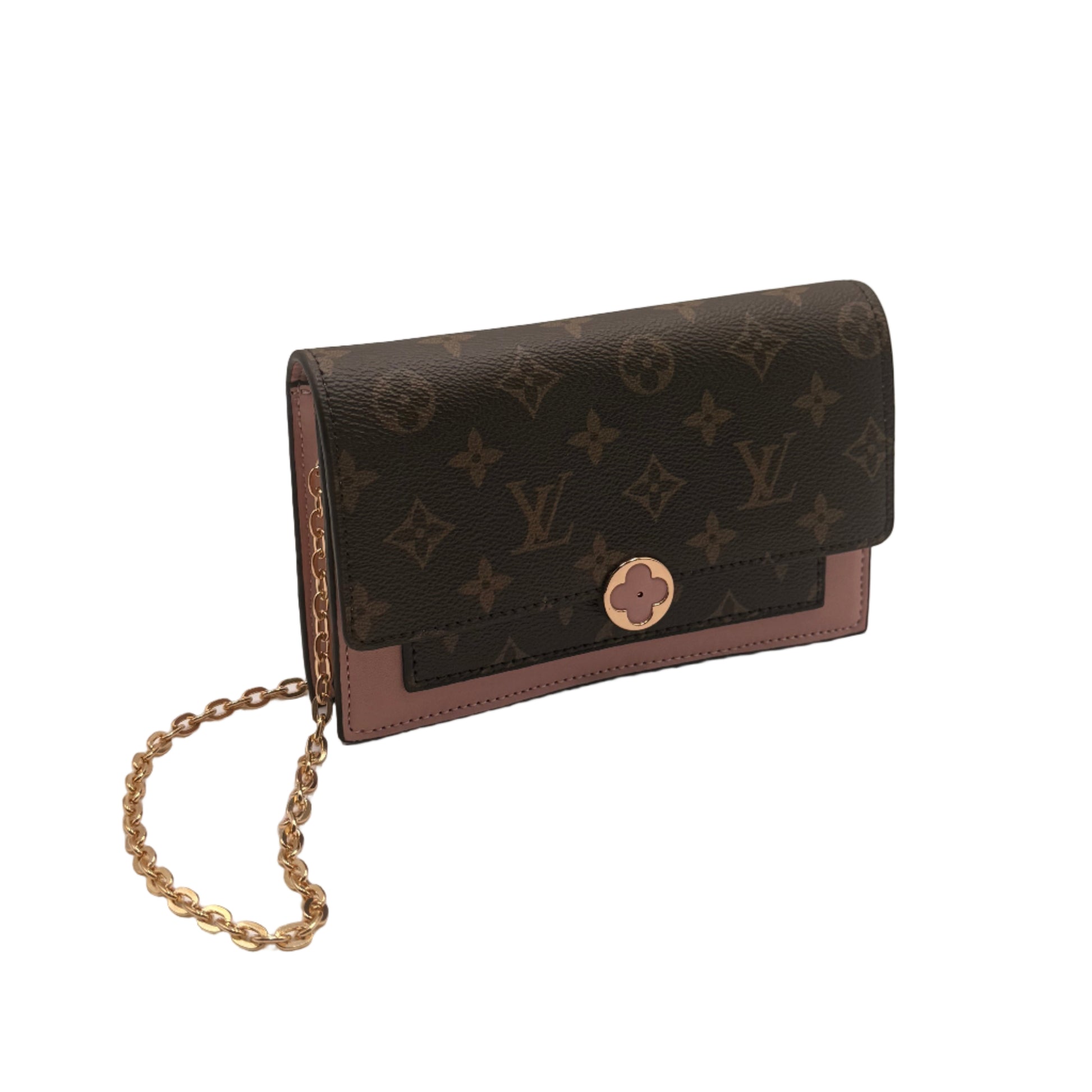 Designer wallet with chain on a light gray background