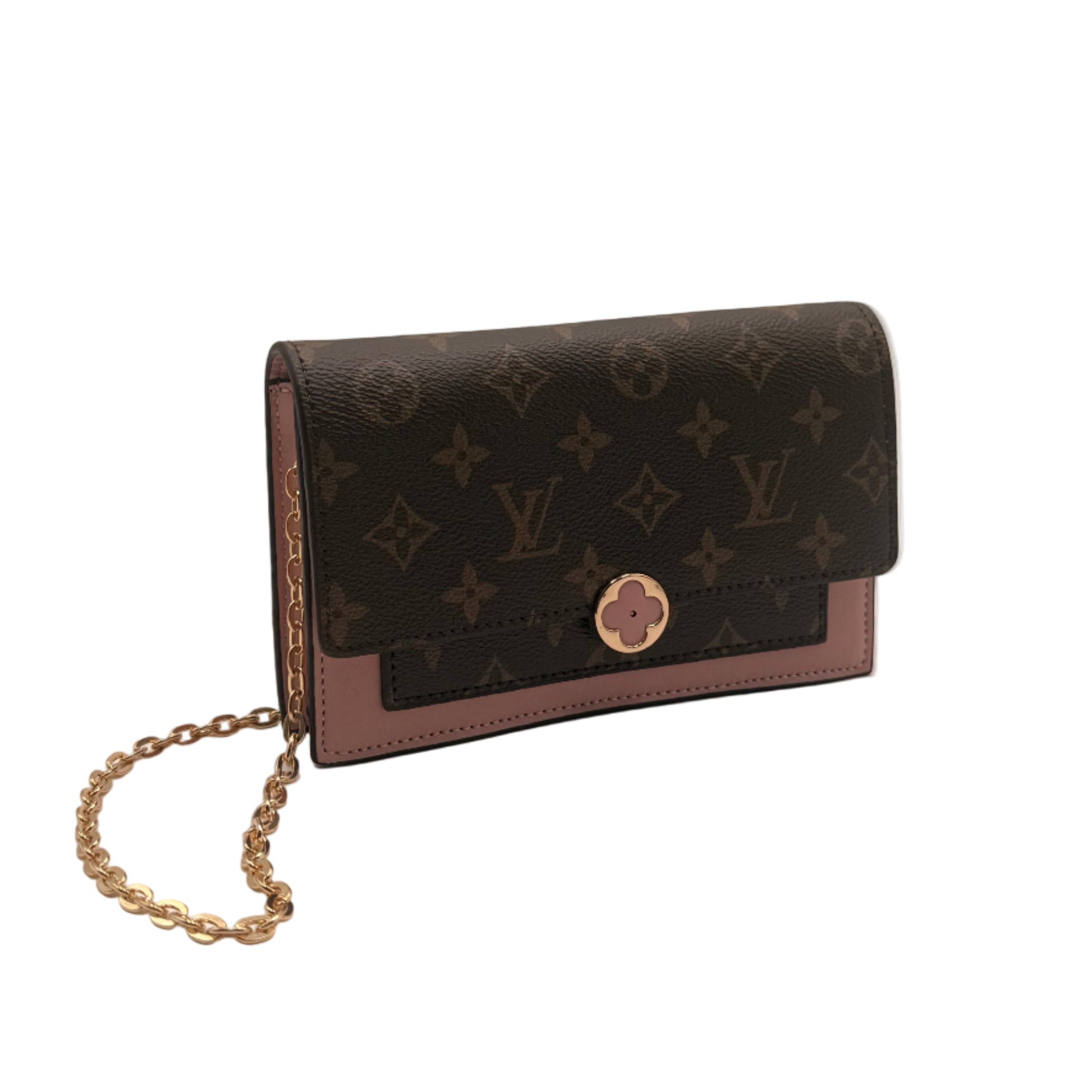 Designer wallet with chain on a light gray background