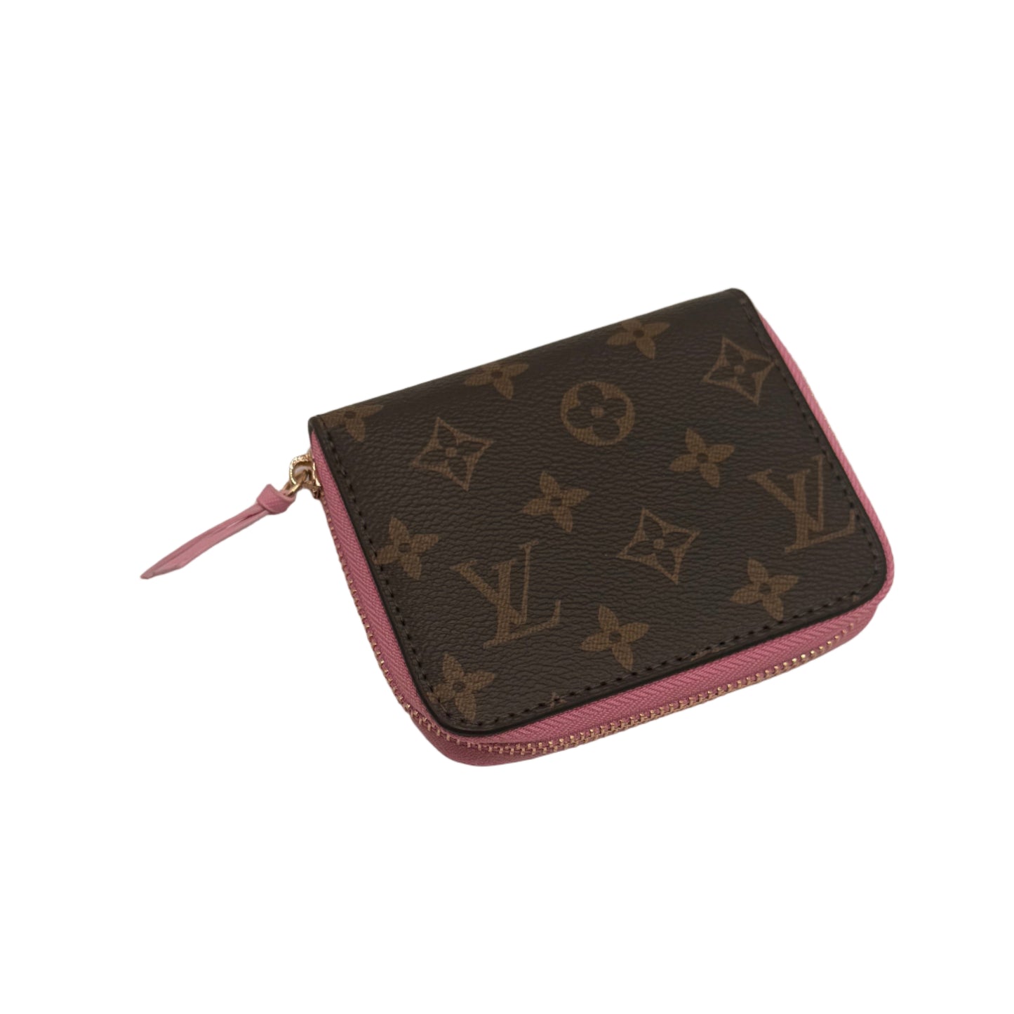 Louis Vuitton wallet with monogram pattern and pink zipper on a light gray background