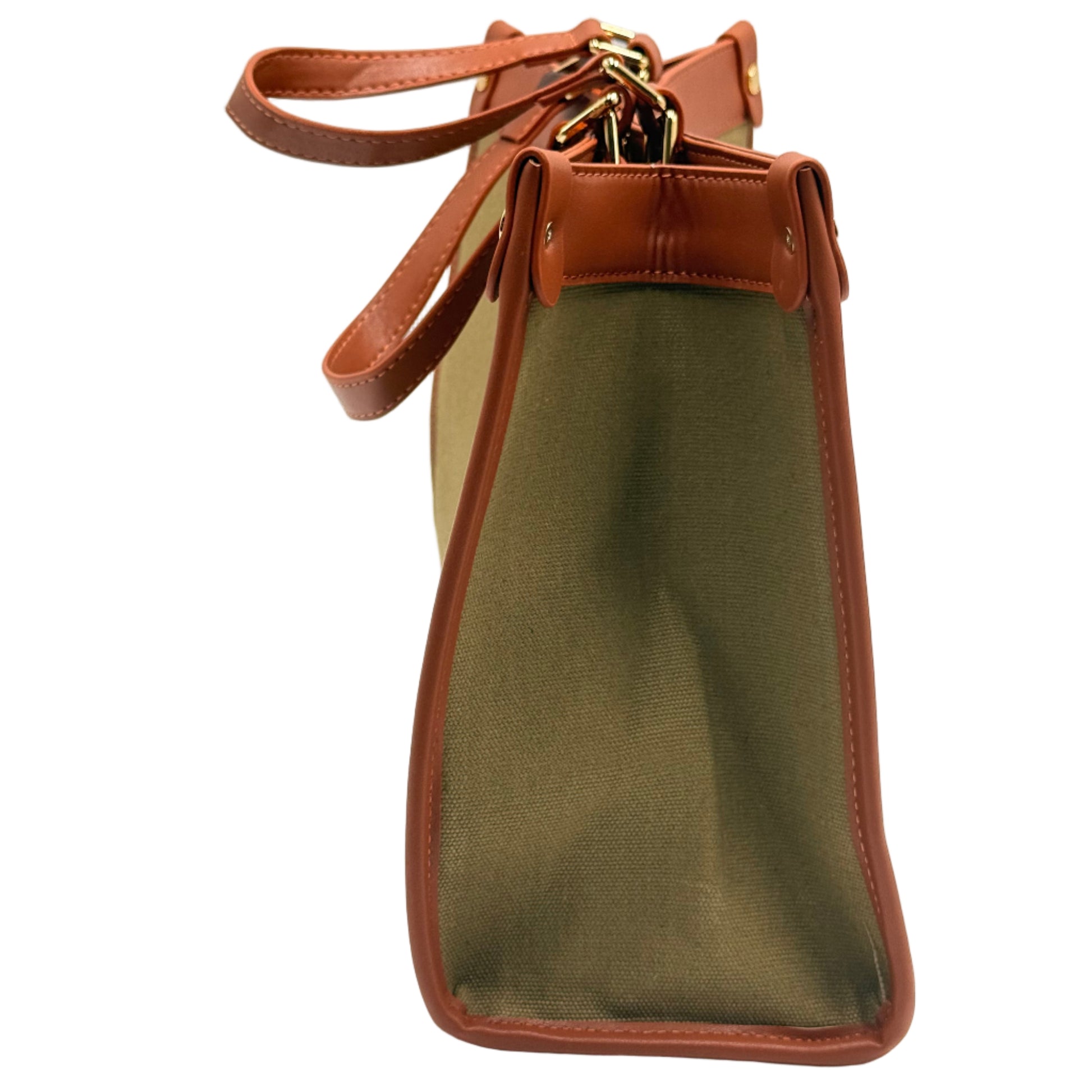 Green clutch bag with brown leather strap on a light gray background
