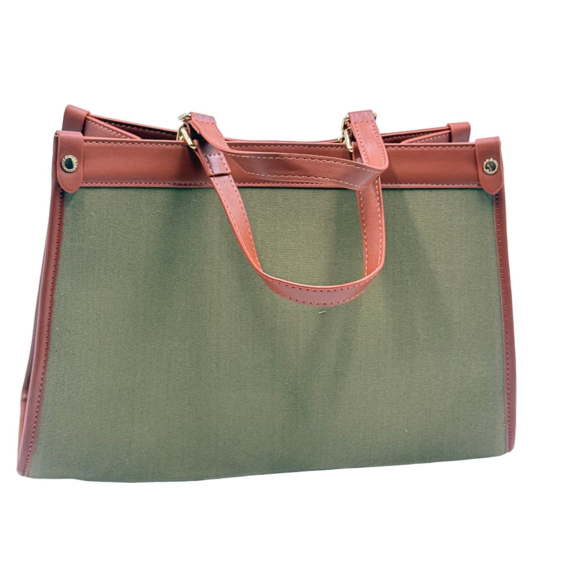 Green fabric roll with brown leather straps on a light blue background