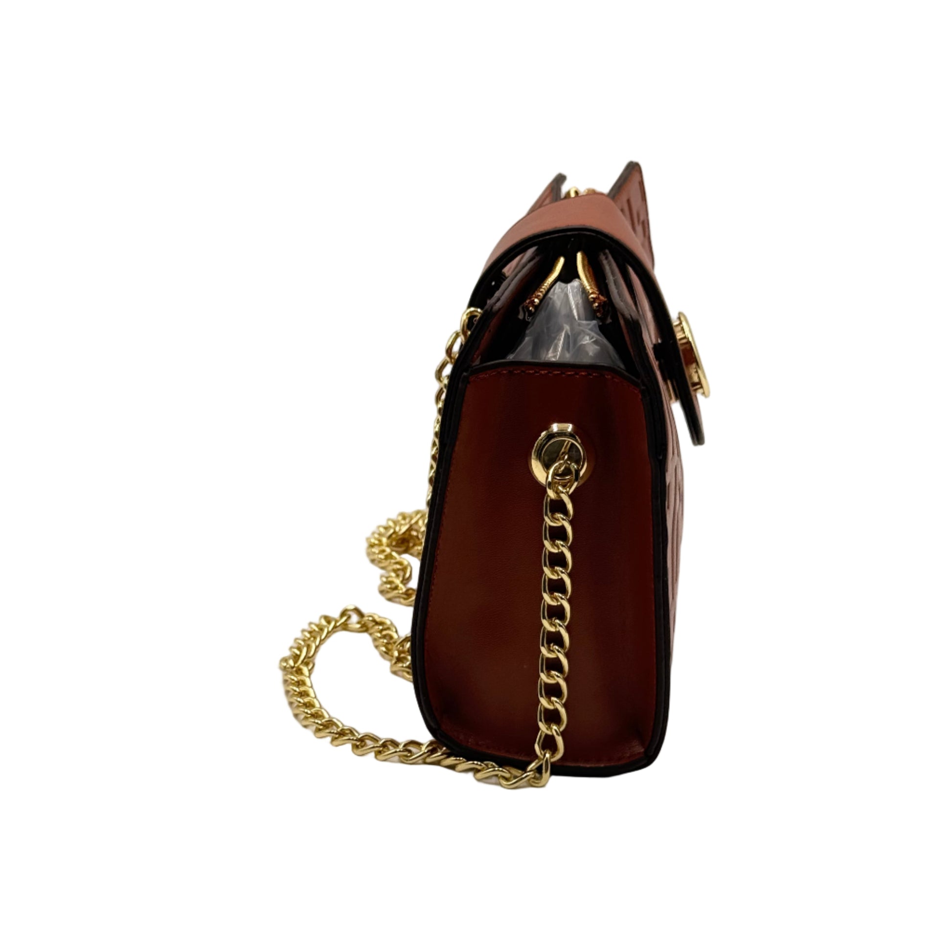 Brown handbag with gold chain on a light gray background