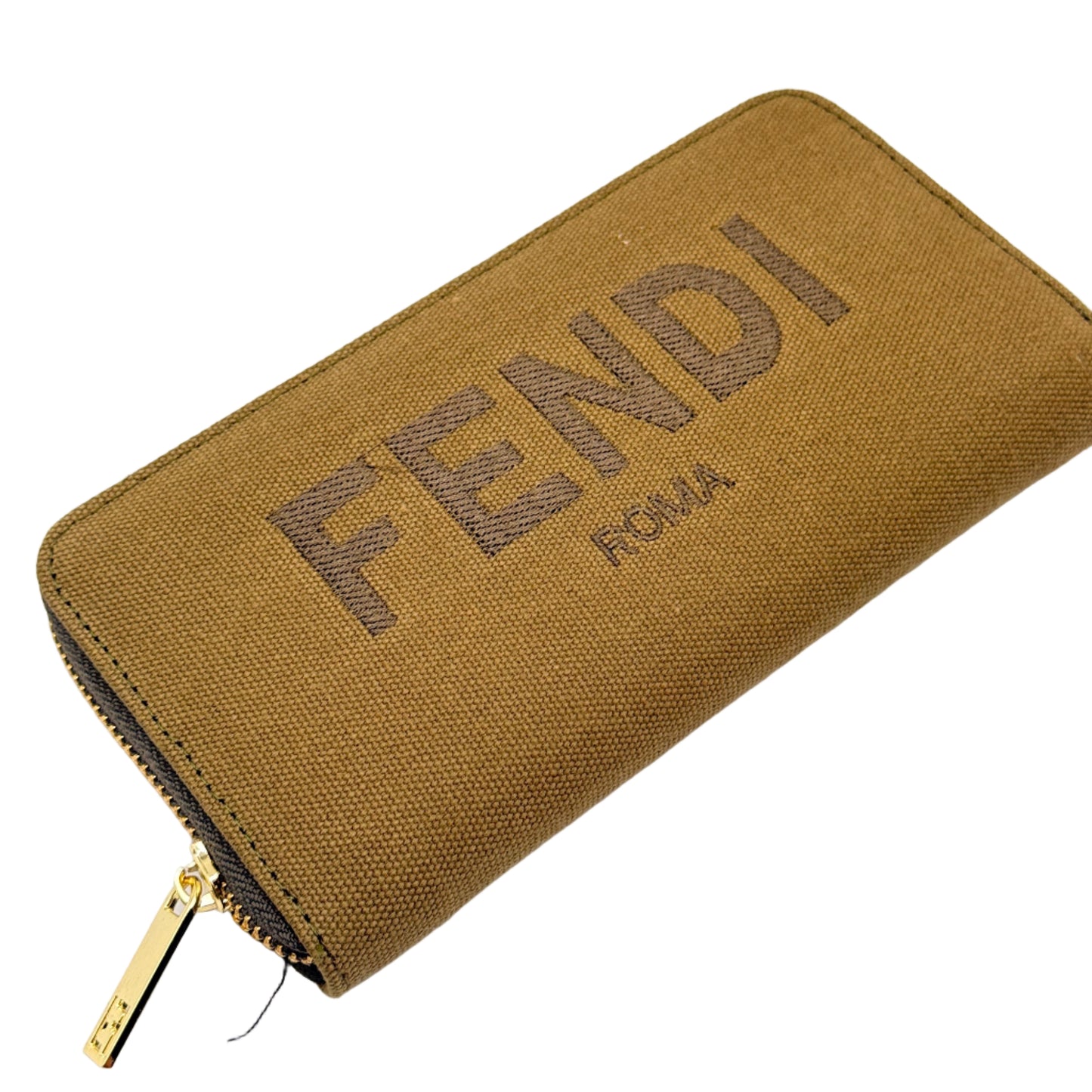Brown wallet with 'Fendi' branding on a light gray background