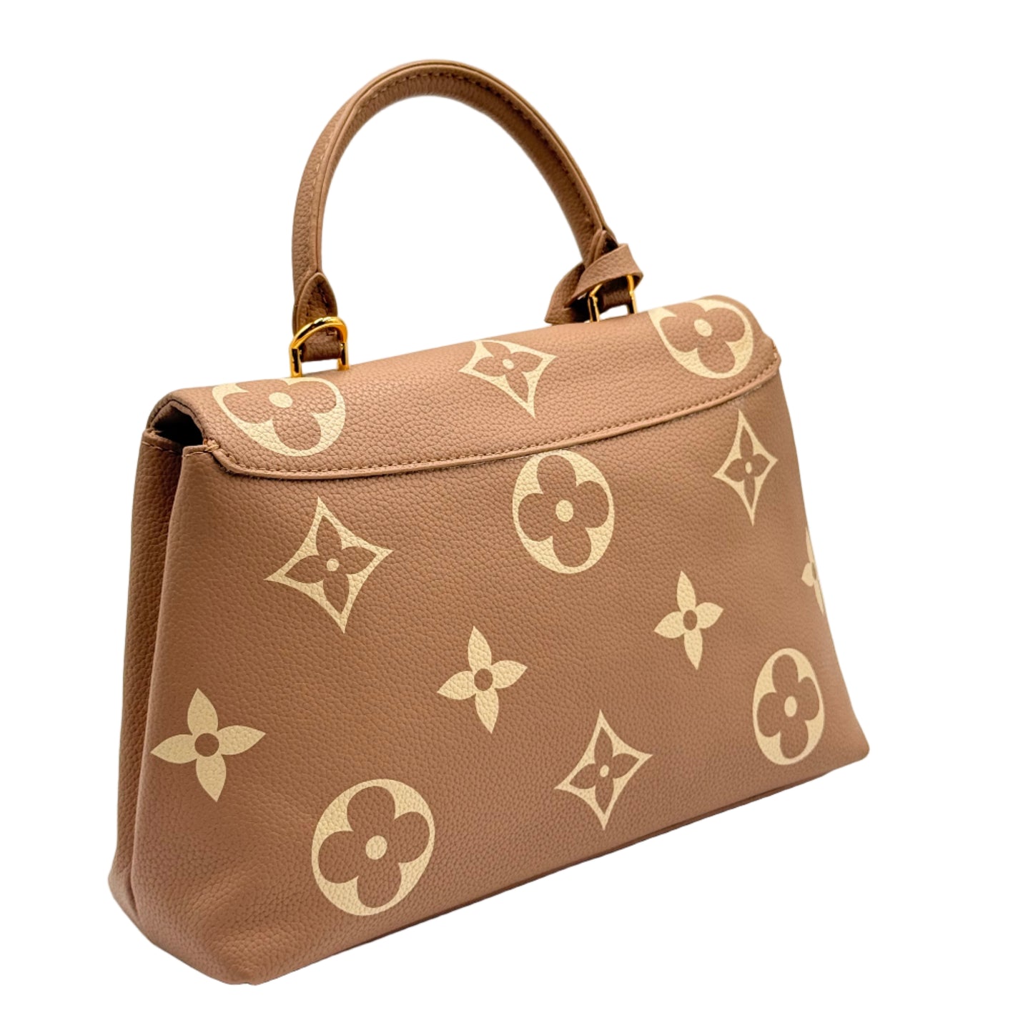 Brown handbag with floral pattern on a light gray background
