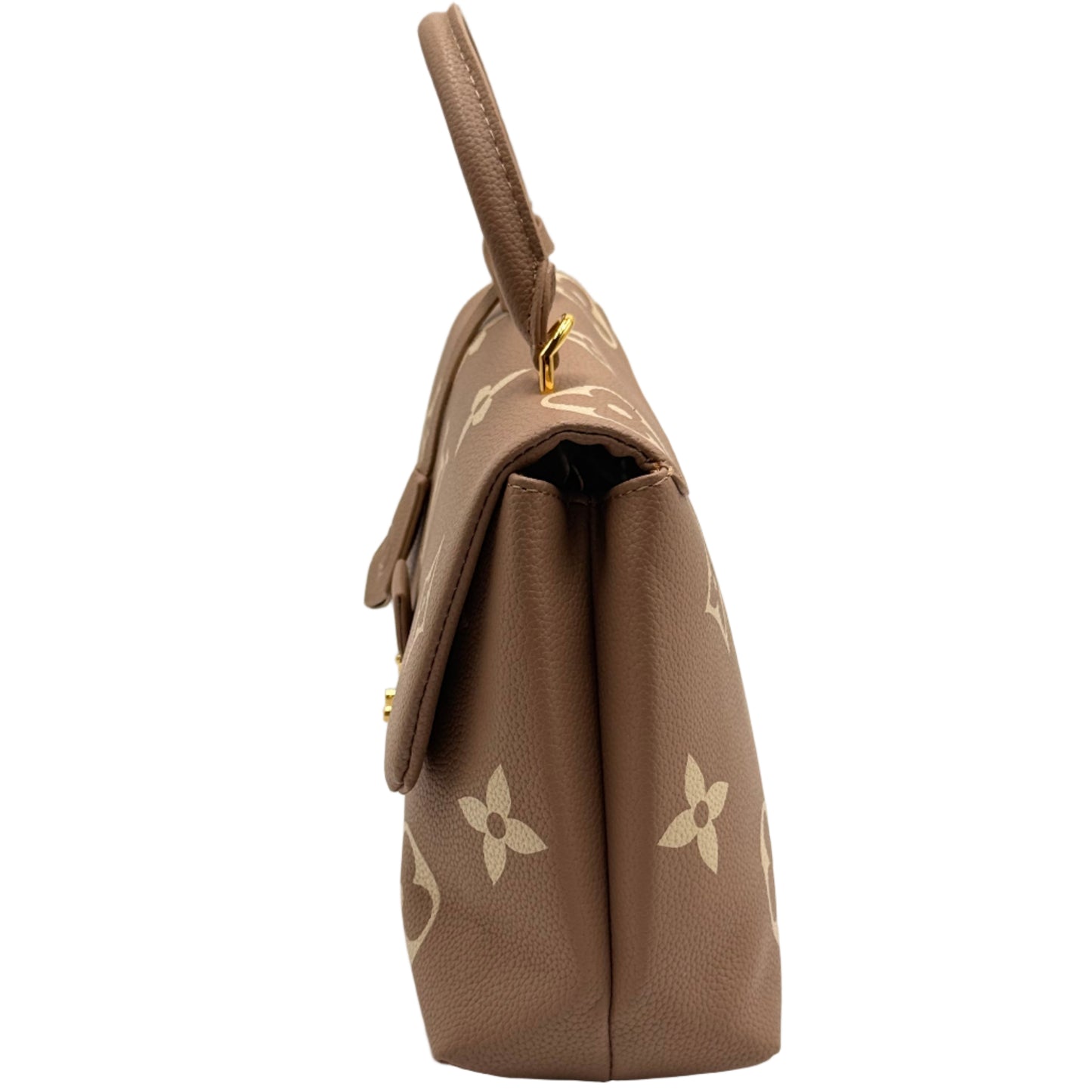 Folded brown umbrella with floral patterns on a light gray background