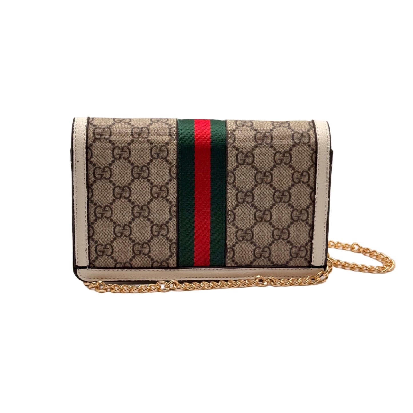 Designer handbag with chain strap on a light gray background