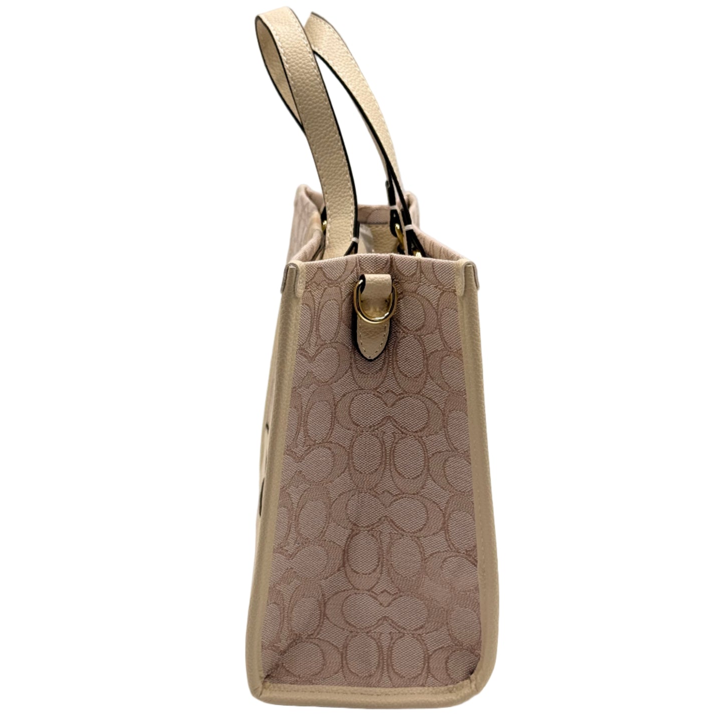 Beige leather luggage tag with brand logo on a light gray background