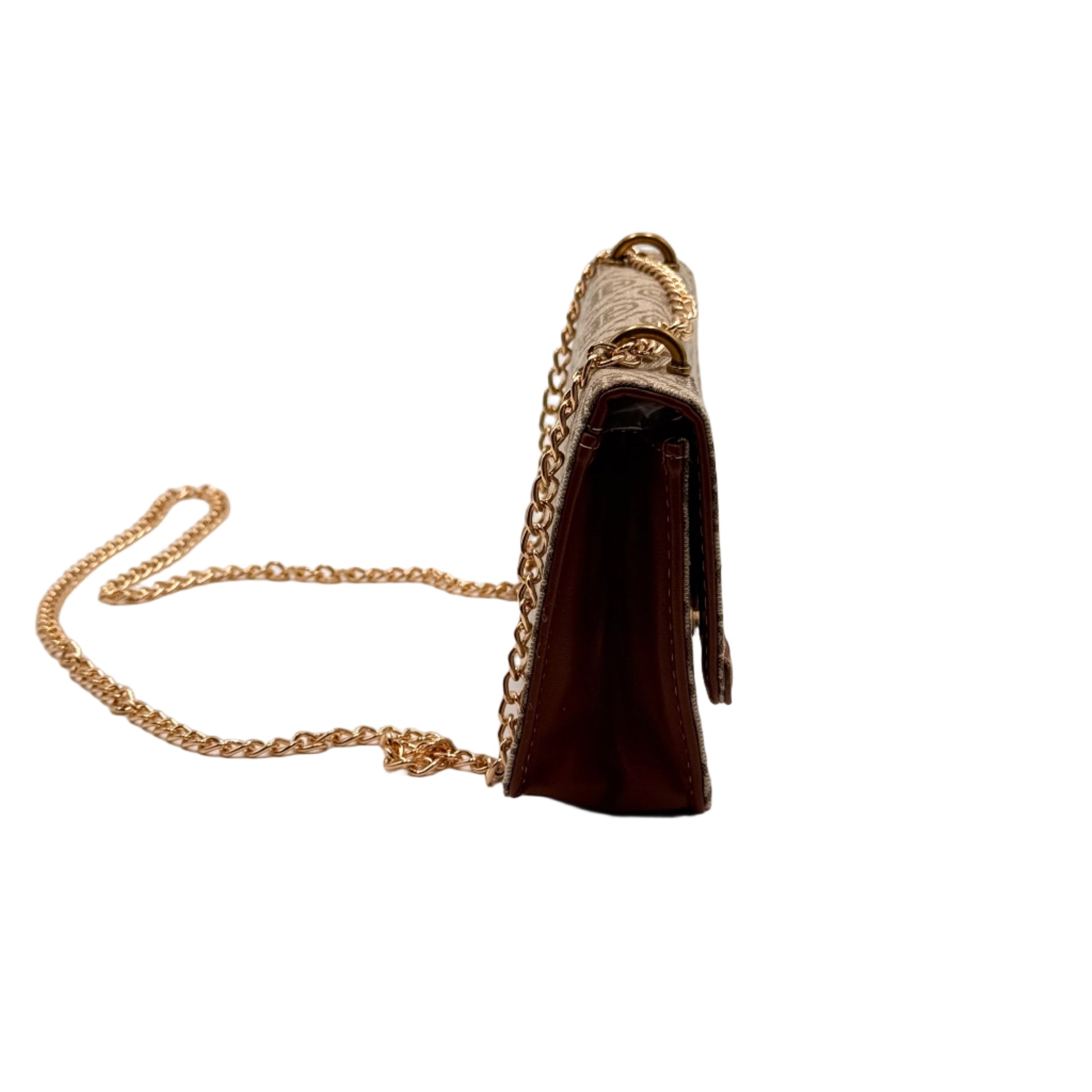 Small black handbag with a gold chain on a light gray background