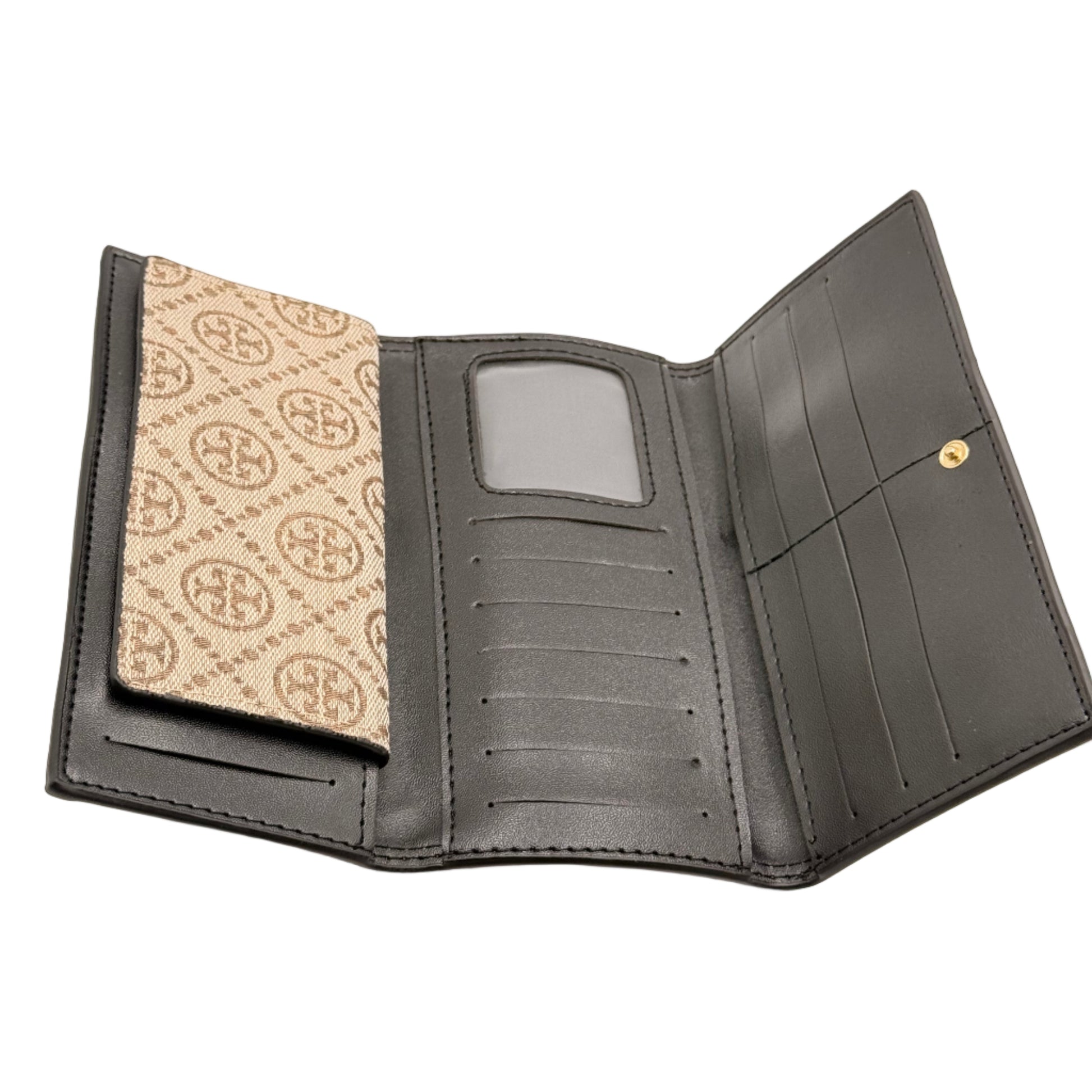 Open black wallet with patterned interior on a light beige background