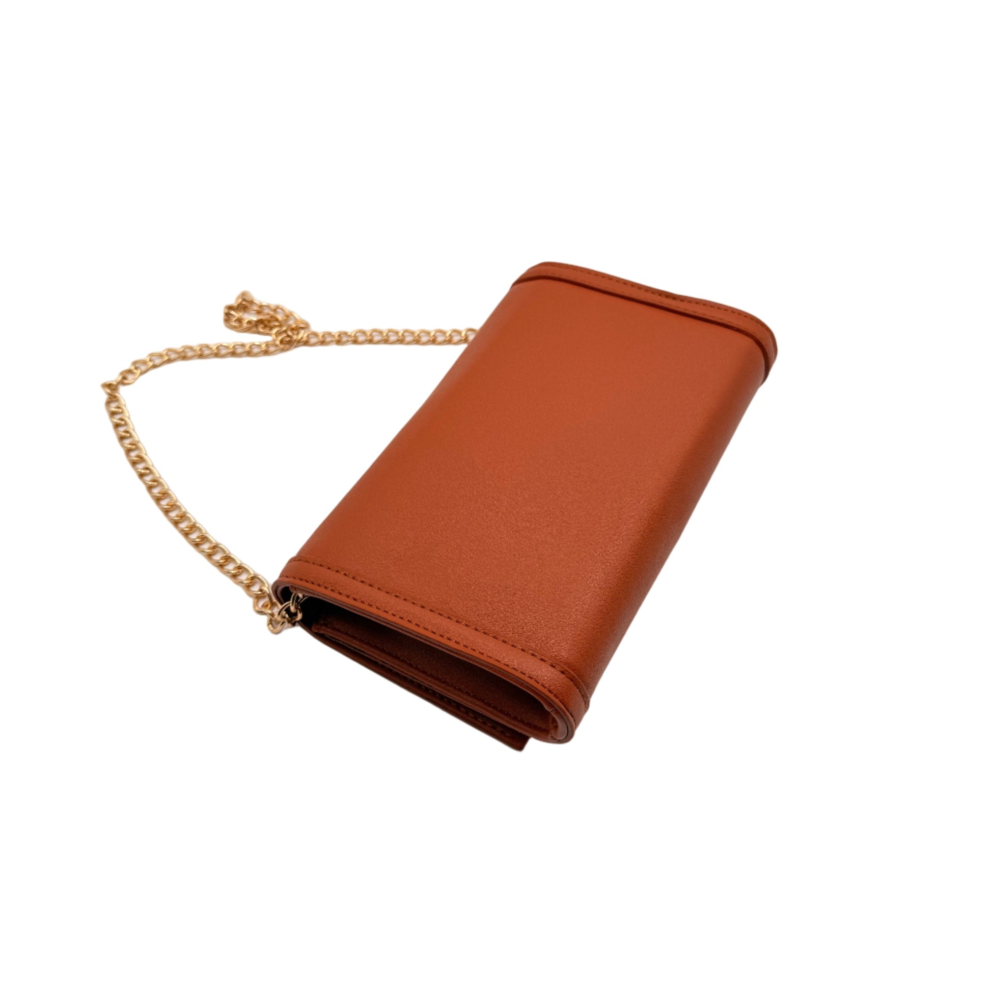 Brown leather handbag with a gold chain on a light beige background