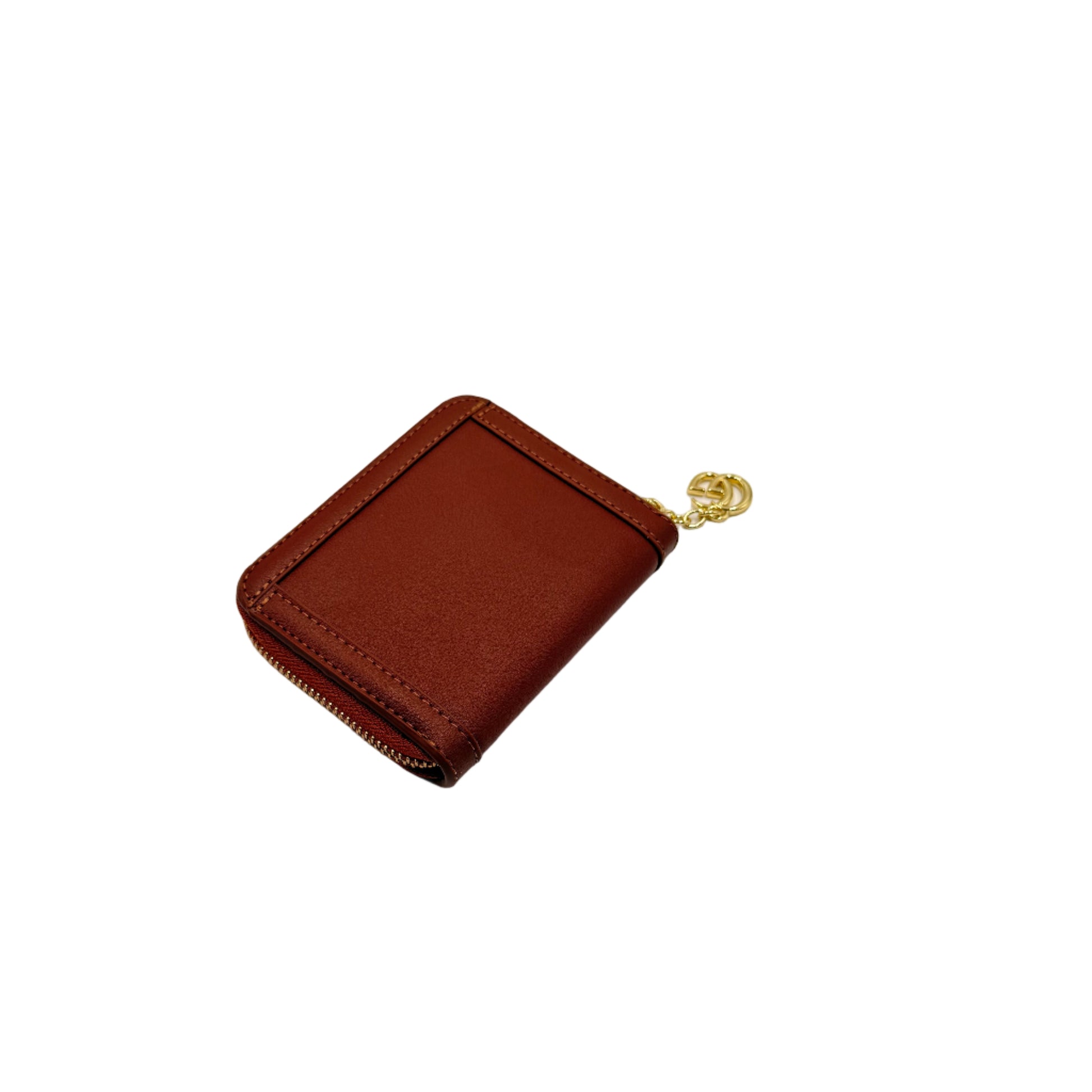 Brown leather wallet with a gold clasp on a light gray background