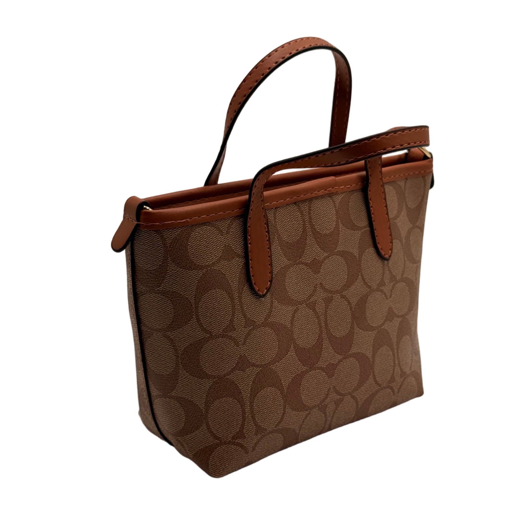 Brown handbag with a pattern on a light gray background