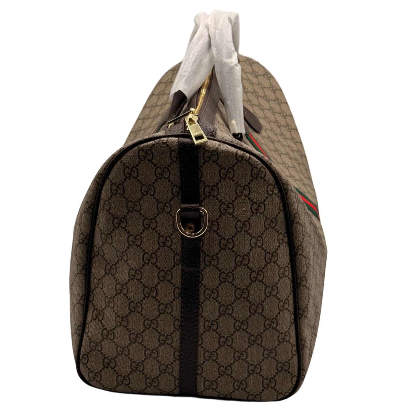 Patterned duffel bag with a strap on a light gray background