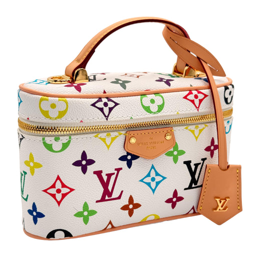 Louis Vuitton monogram multicolor cosmetic case with tan handle and trim on a light gray background