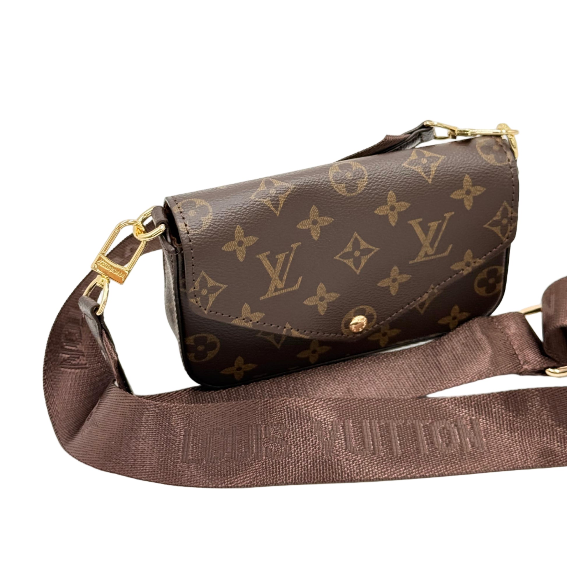 Brown Louis Vuitton bag with monogram pattern on a light gray background