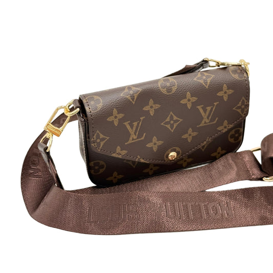 Brown Louis Vuitton bag with monogram pattern on a light gray background