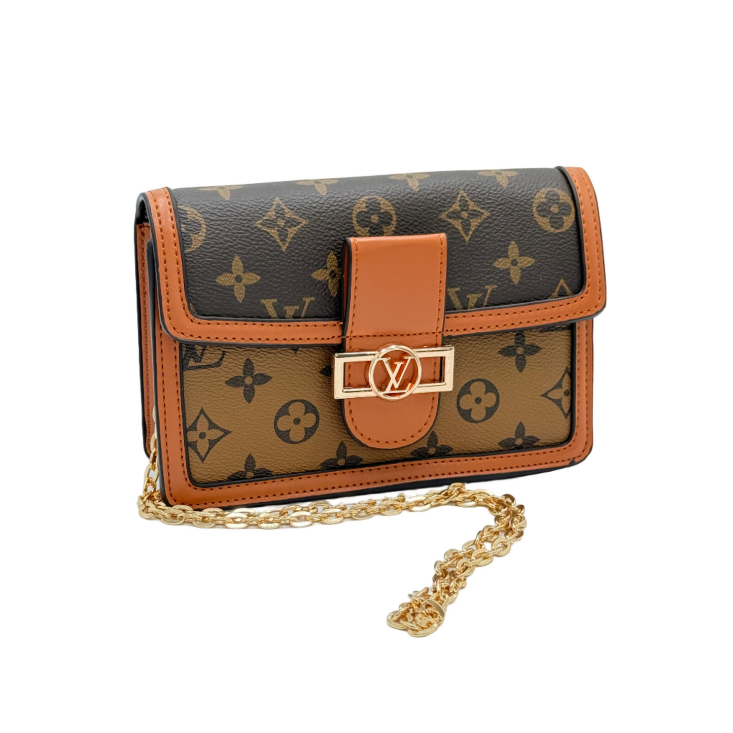 Designer handbag with monogram pattern on a light blue background