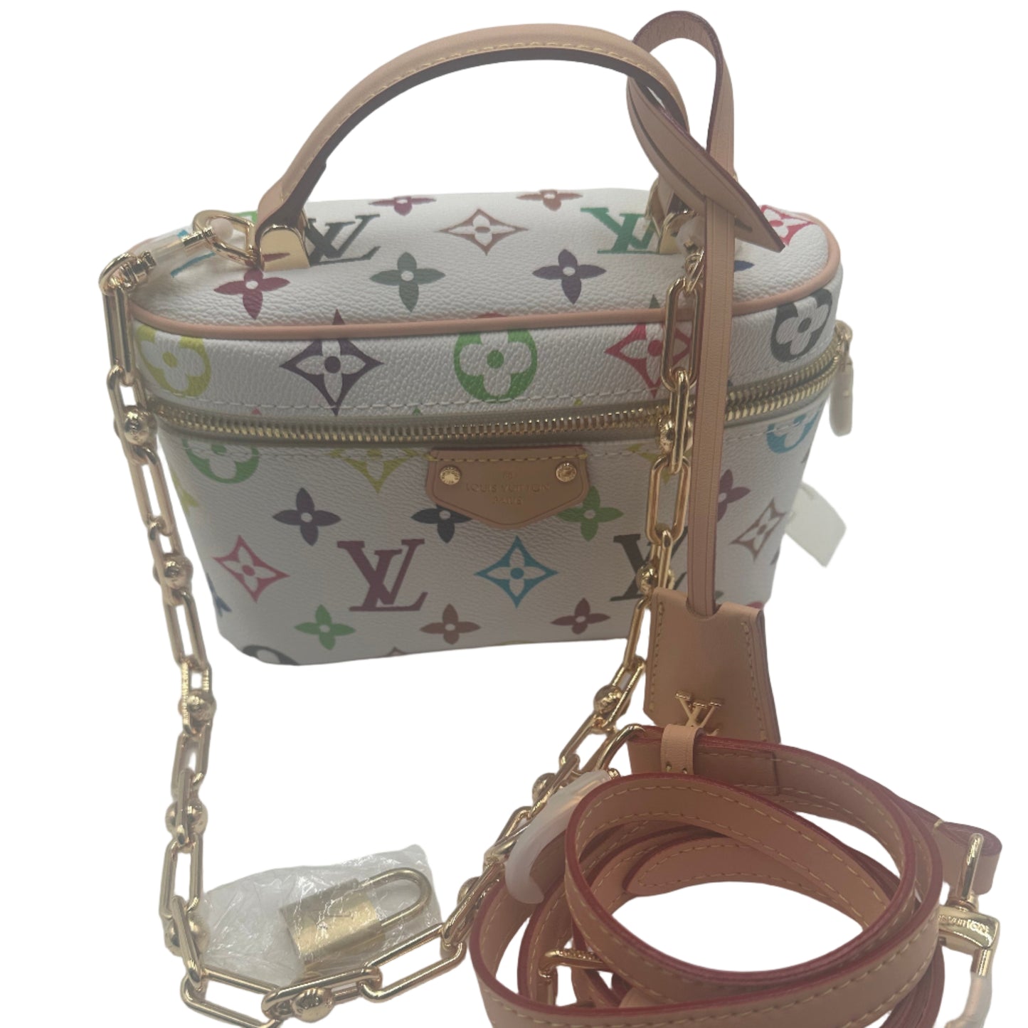 Designer handbag with multicolor monogram pattern on a white background