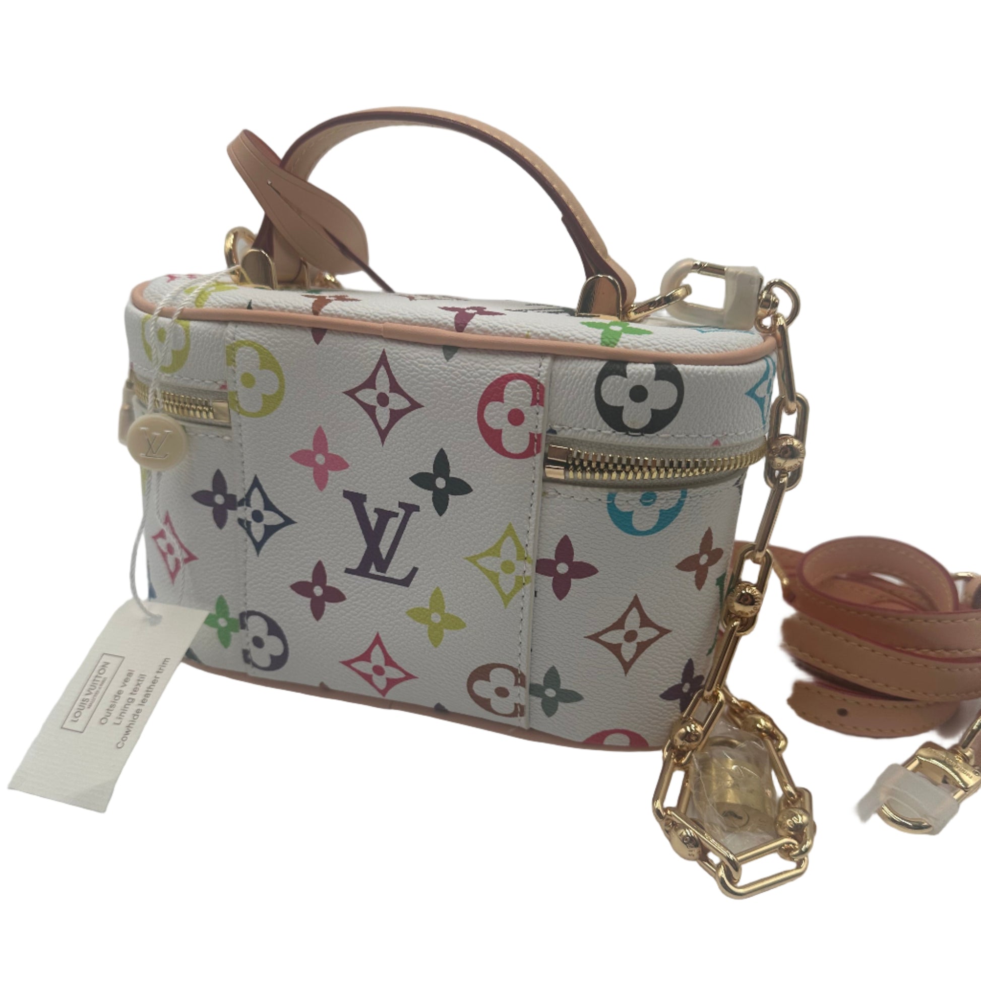 Designer handbag with colorful pattern on a white background