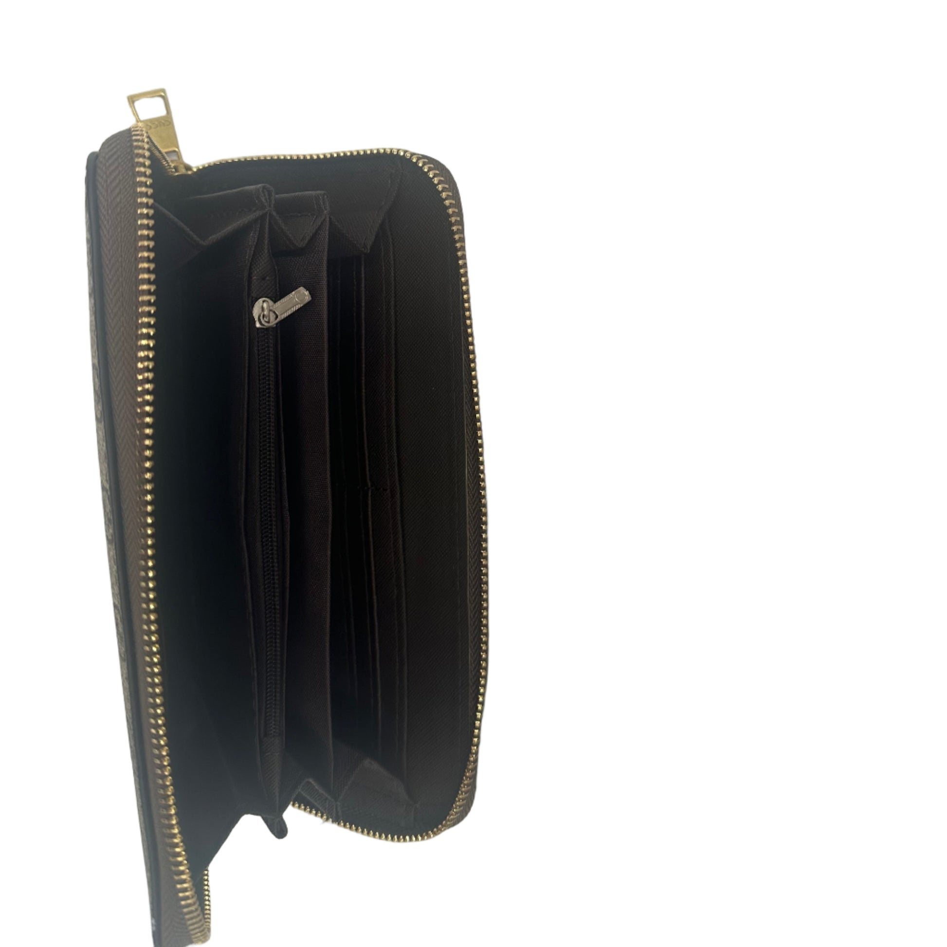 Black wallet with gold zipper on a white background
