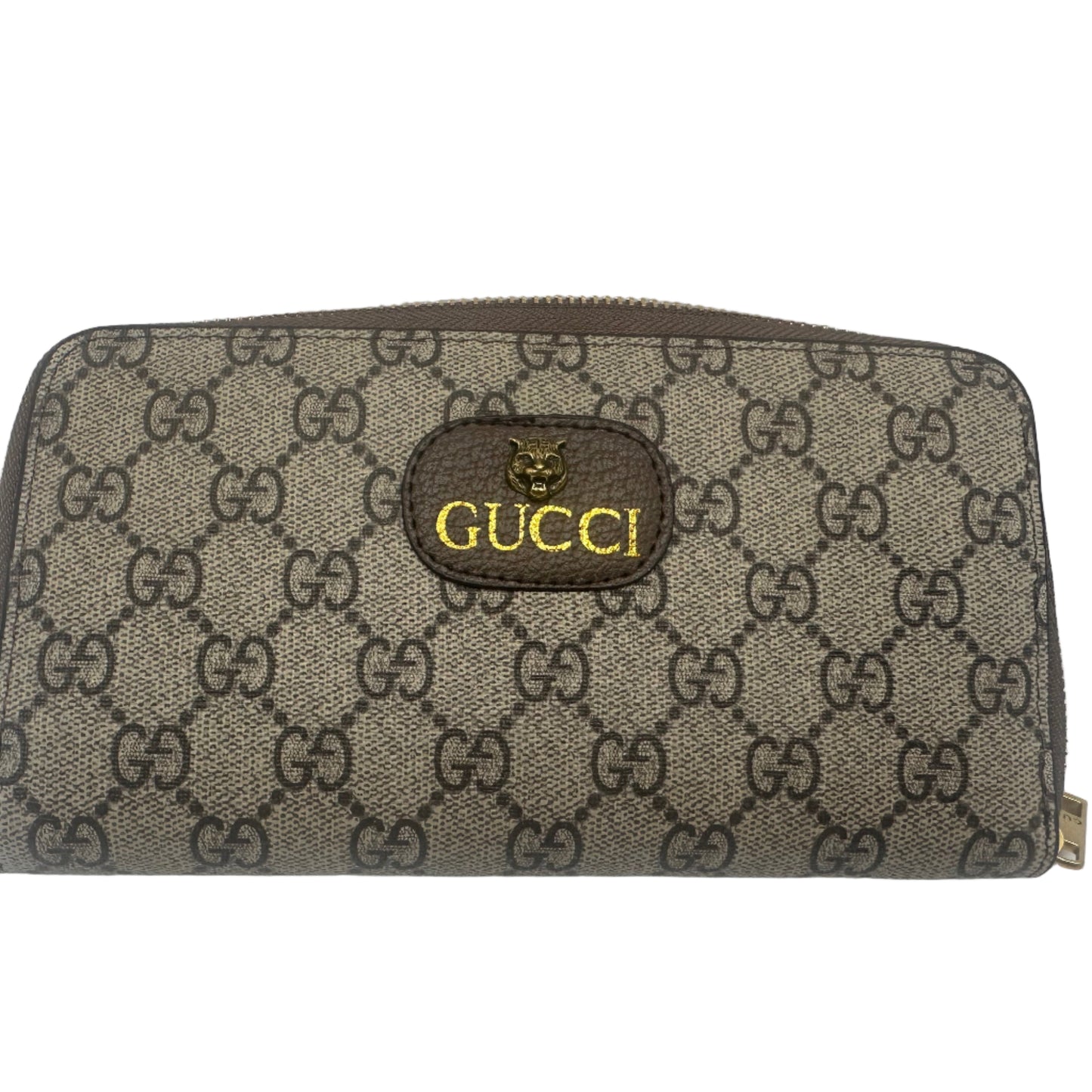 Gucci wallet with monogram pattern on a light gray background
