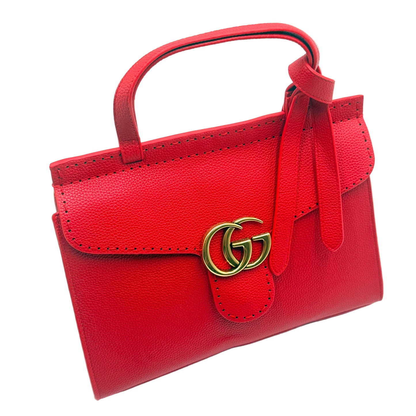 Red handbag with a gold clasp on a light gray background