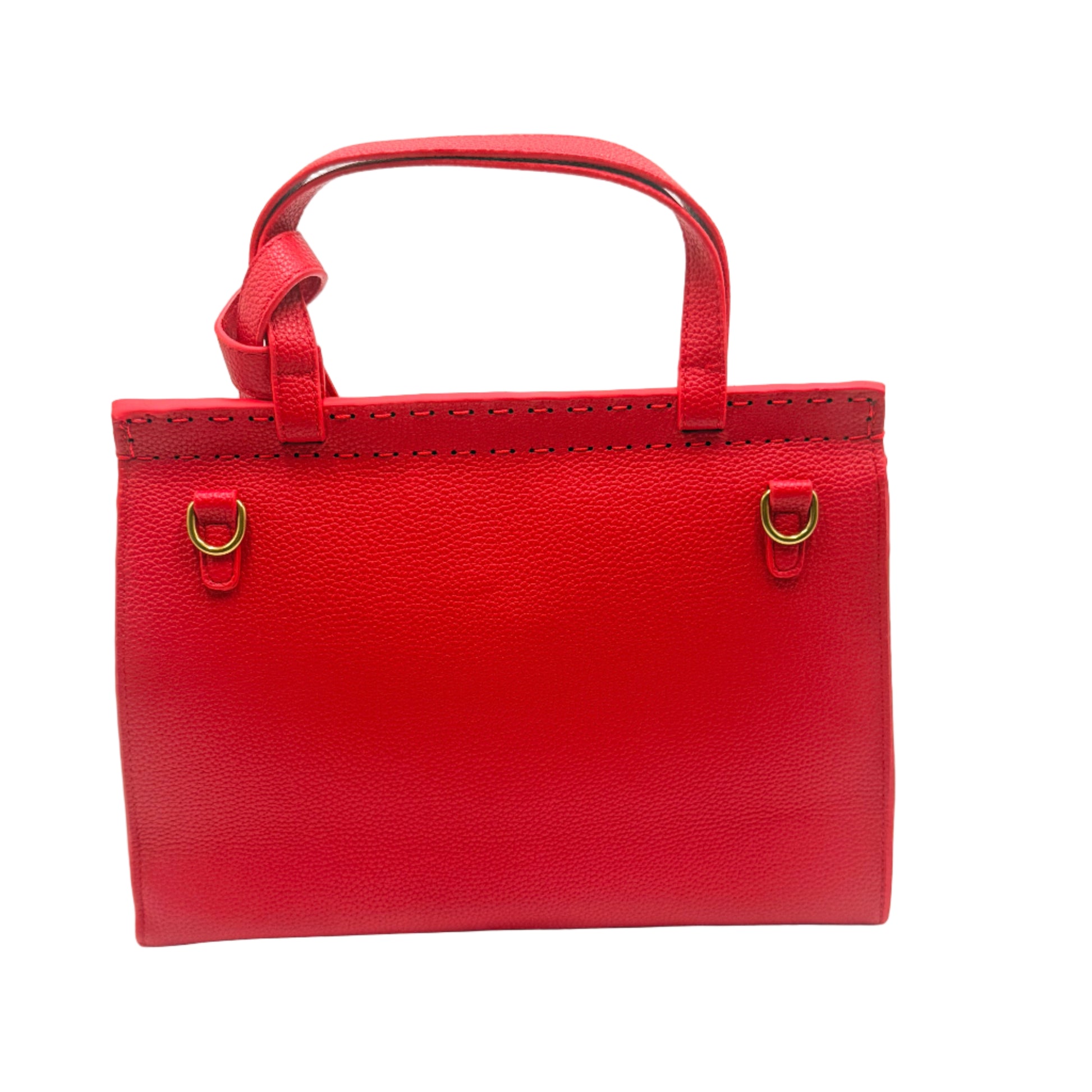 Red handbag with gold accents on a white background