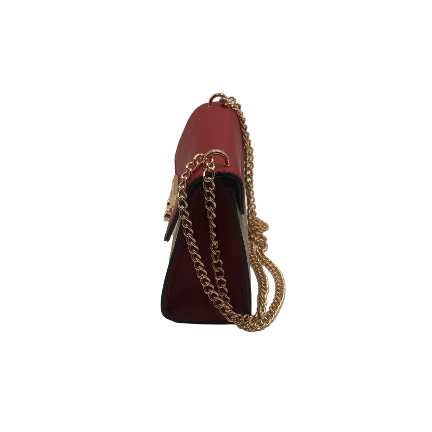 Brown handbag with a gold chain on a light gray background