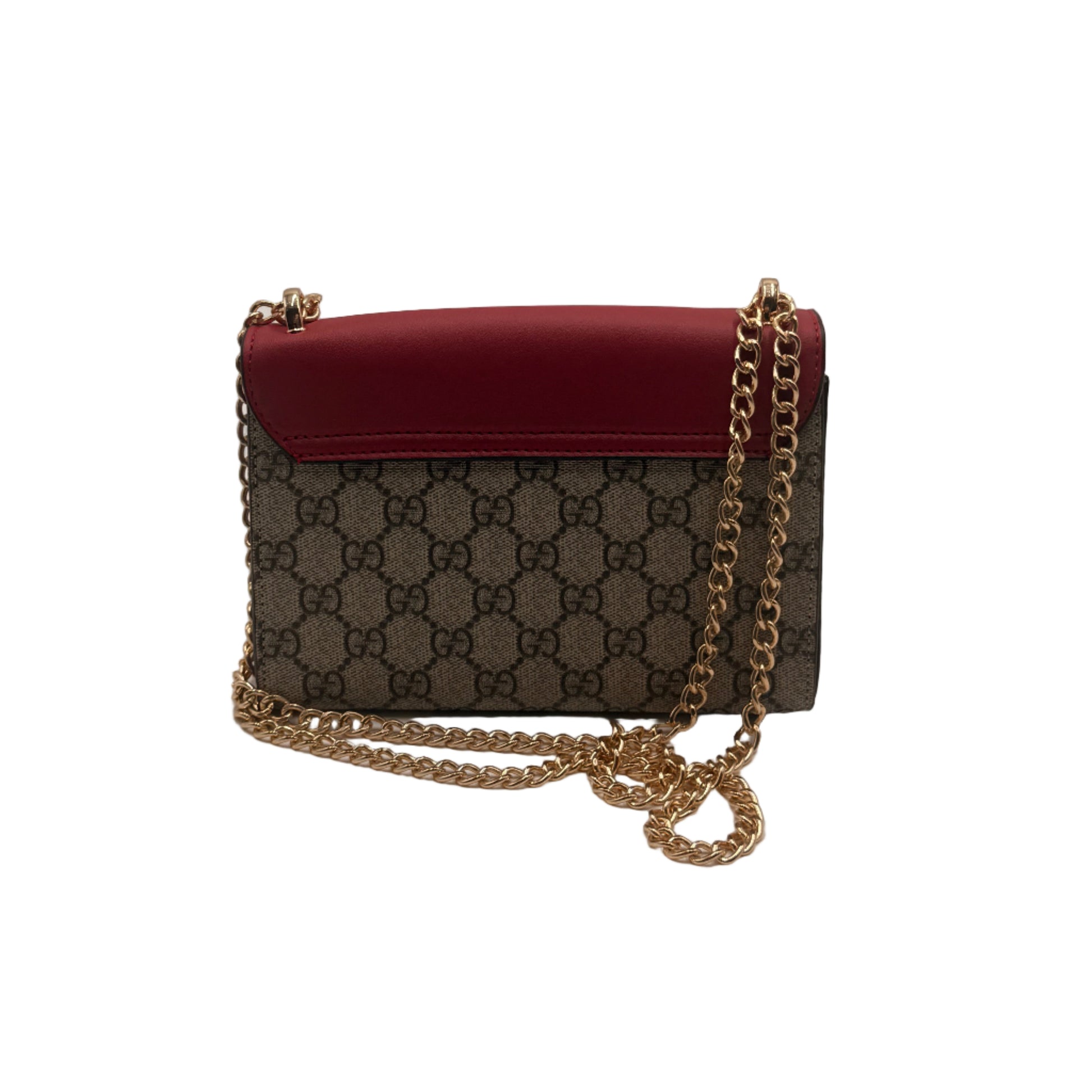 Designer handbag with a chain strap on a light gray background