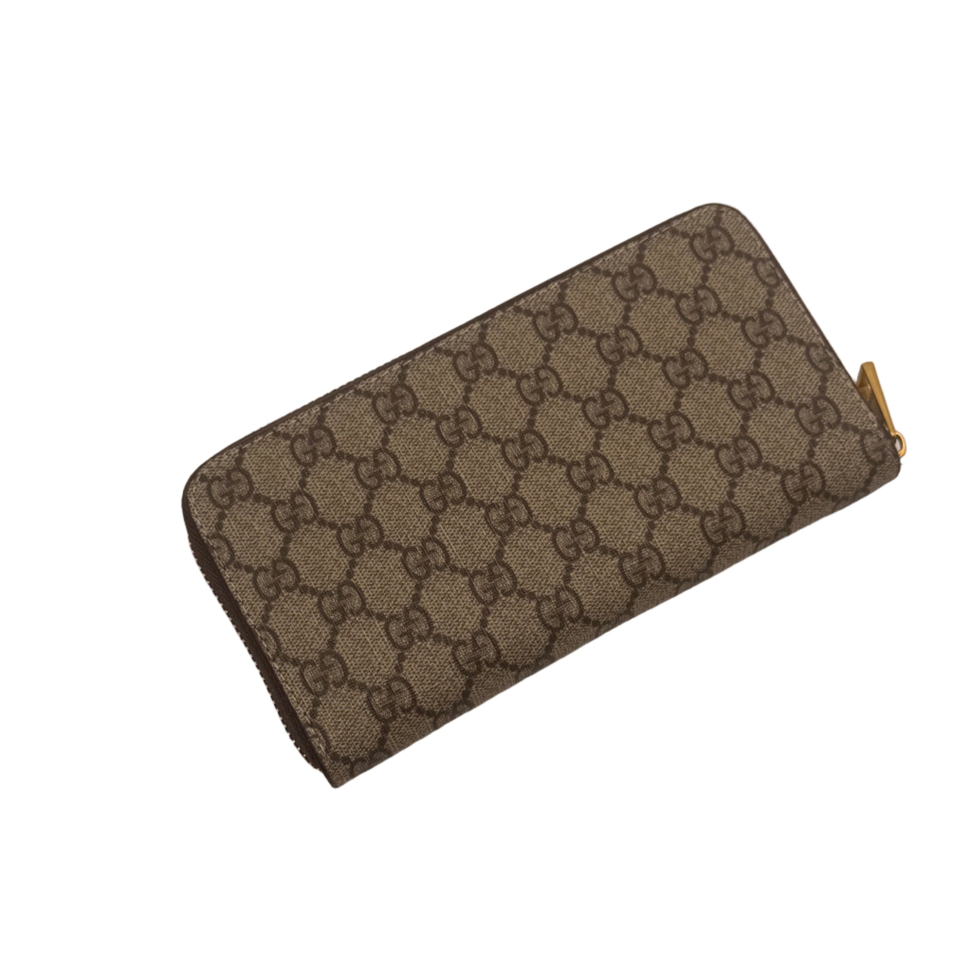Brown patterned wallet on a light gray background