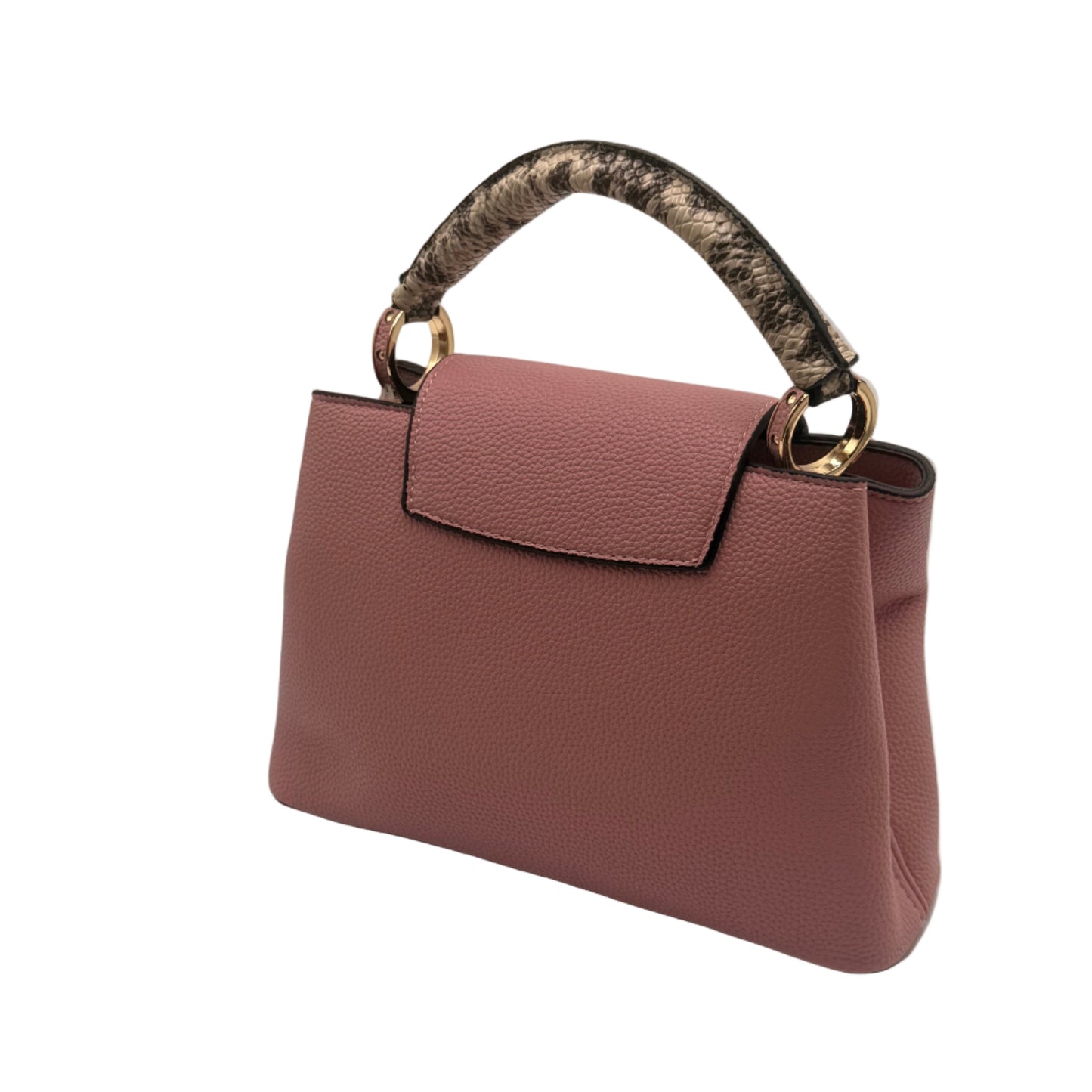 Pink handbag with a decorative handle on a light gray background