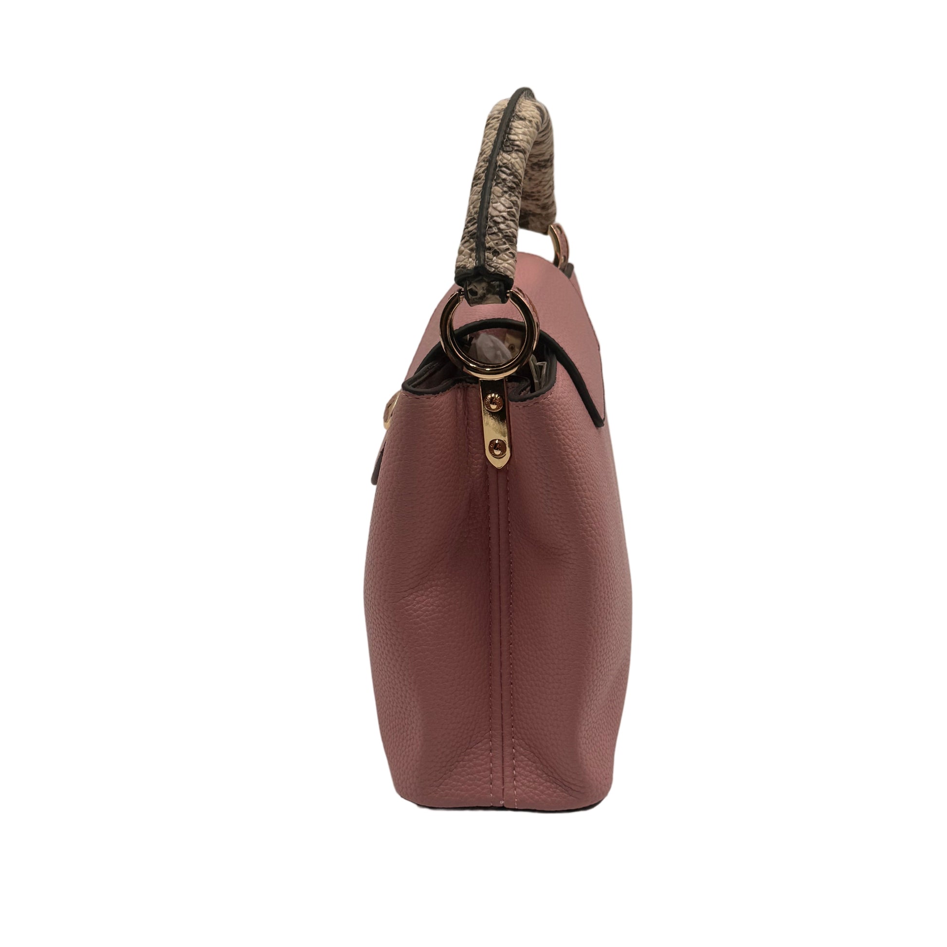 Pink handbag with a camouflage handle on a light gray background