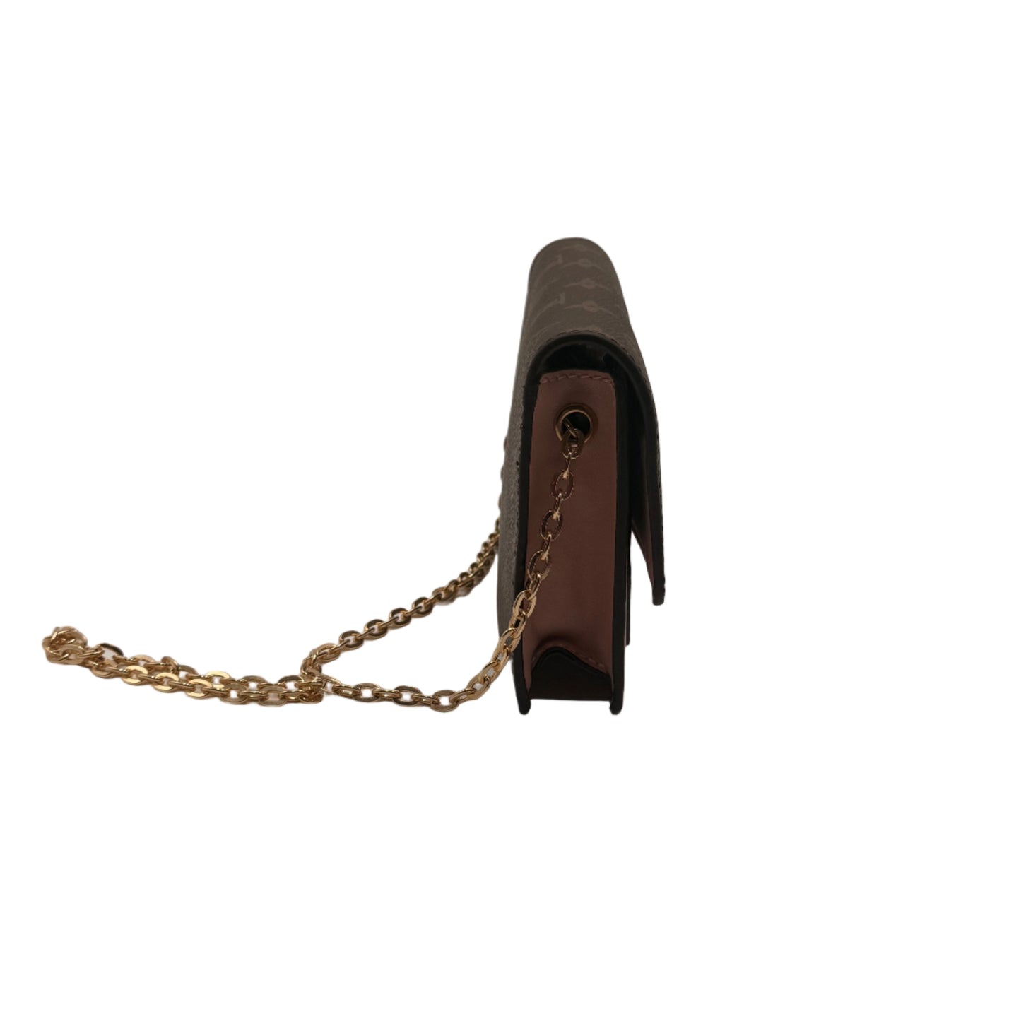 Small black device with a gold chain on a light gray background