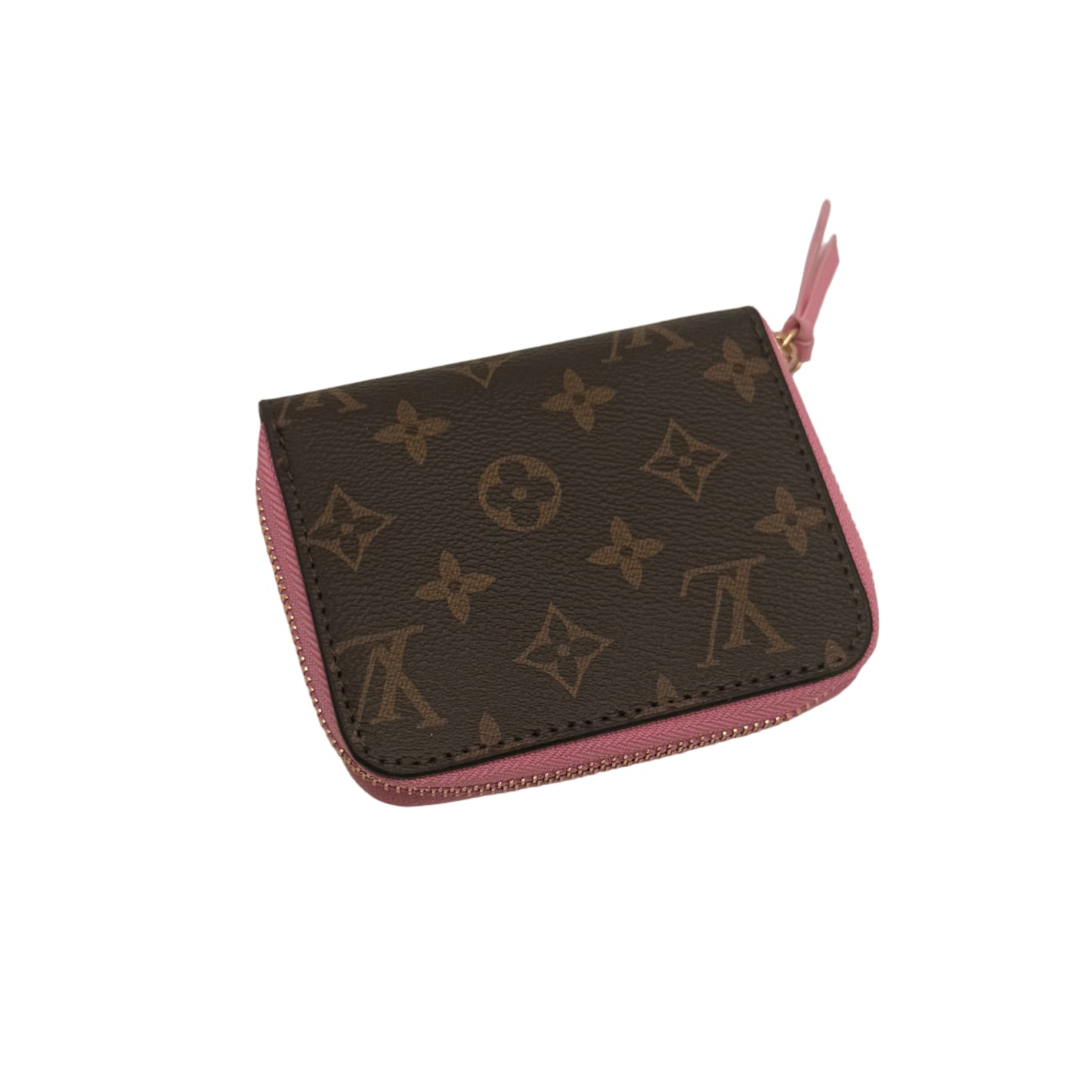 Louis Vuitton wallet with pink zipper on a light gray background