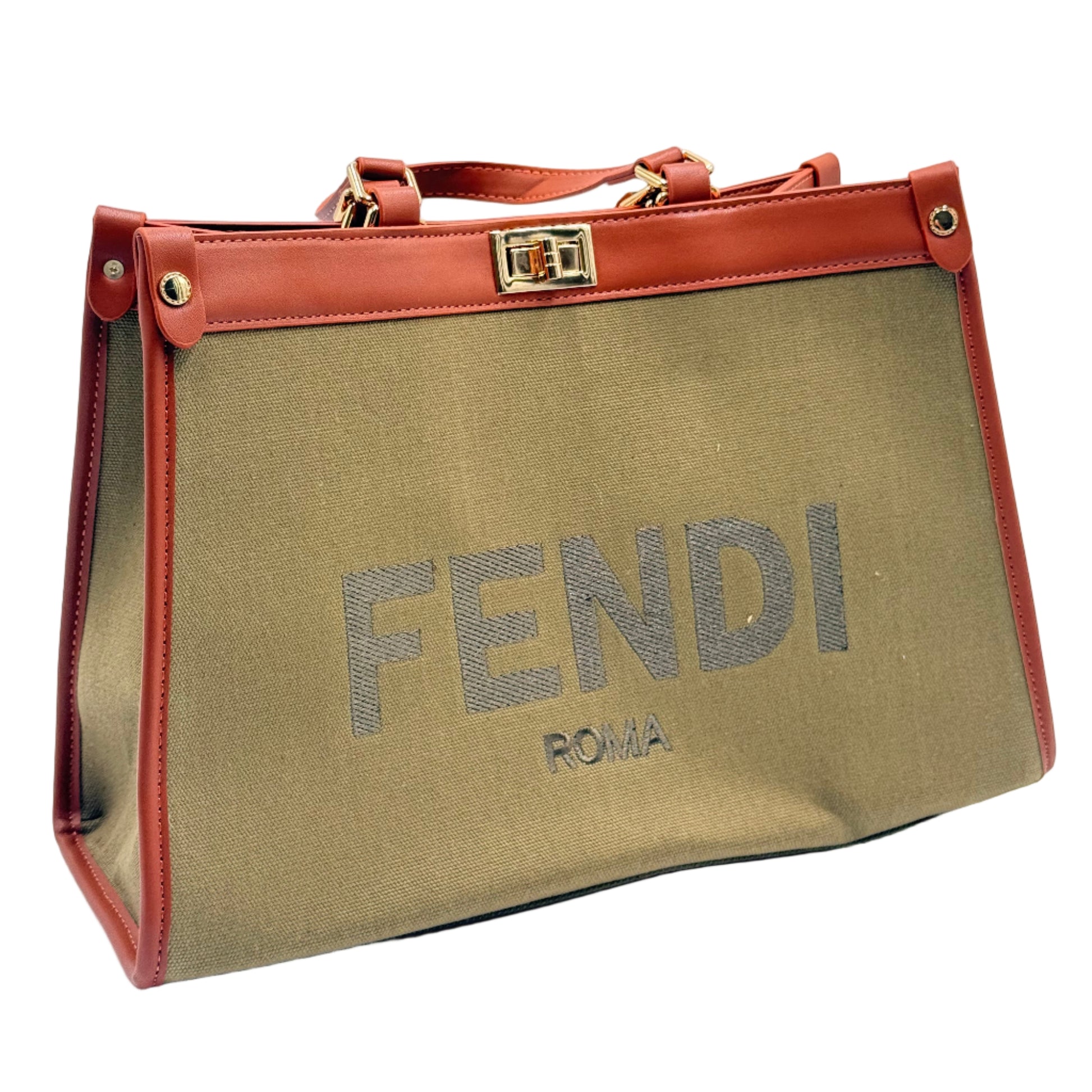 Fendi bag with gold lettering on a light gray background