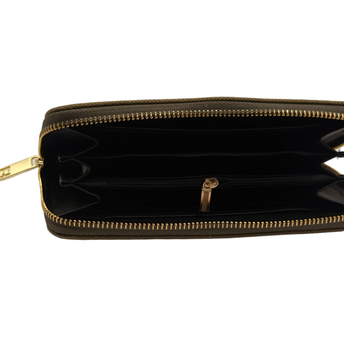 Black wallet with gold zipper on a light gray background