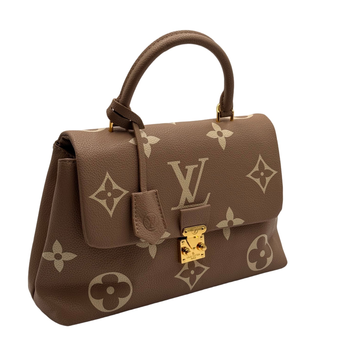 Brown handbag with gold hardware on a light gray background