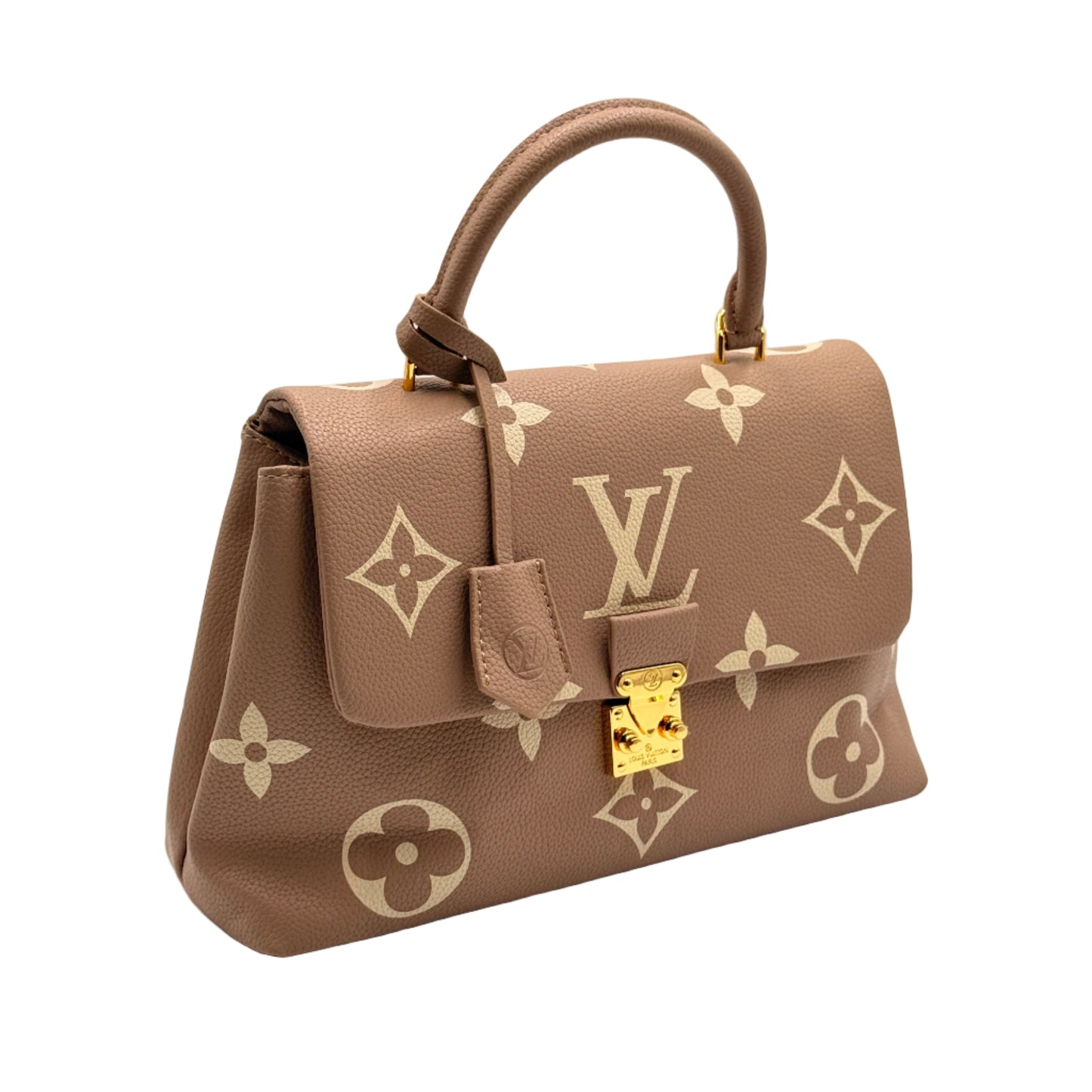 Brown handbag with monogram pattern on a light gray background