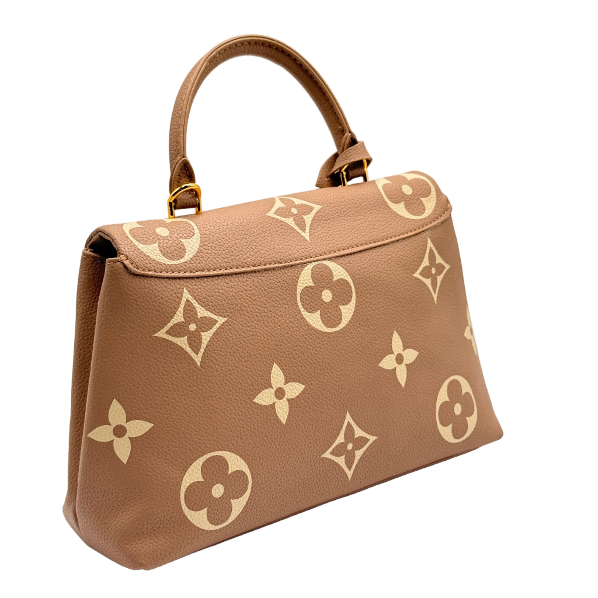 Brown handbag with floral pattern on a light gray background